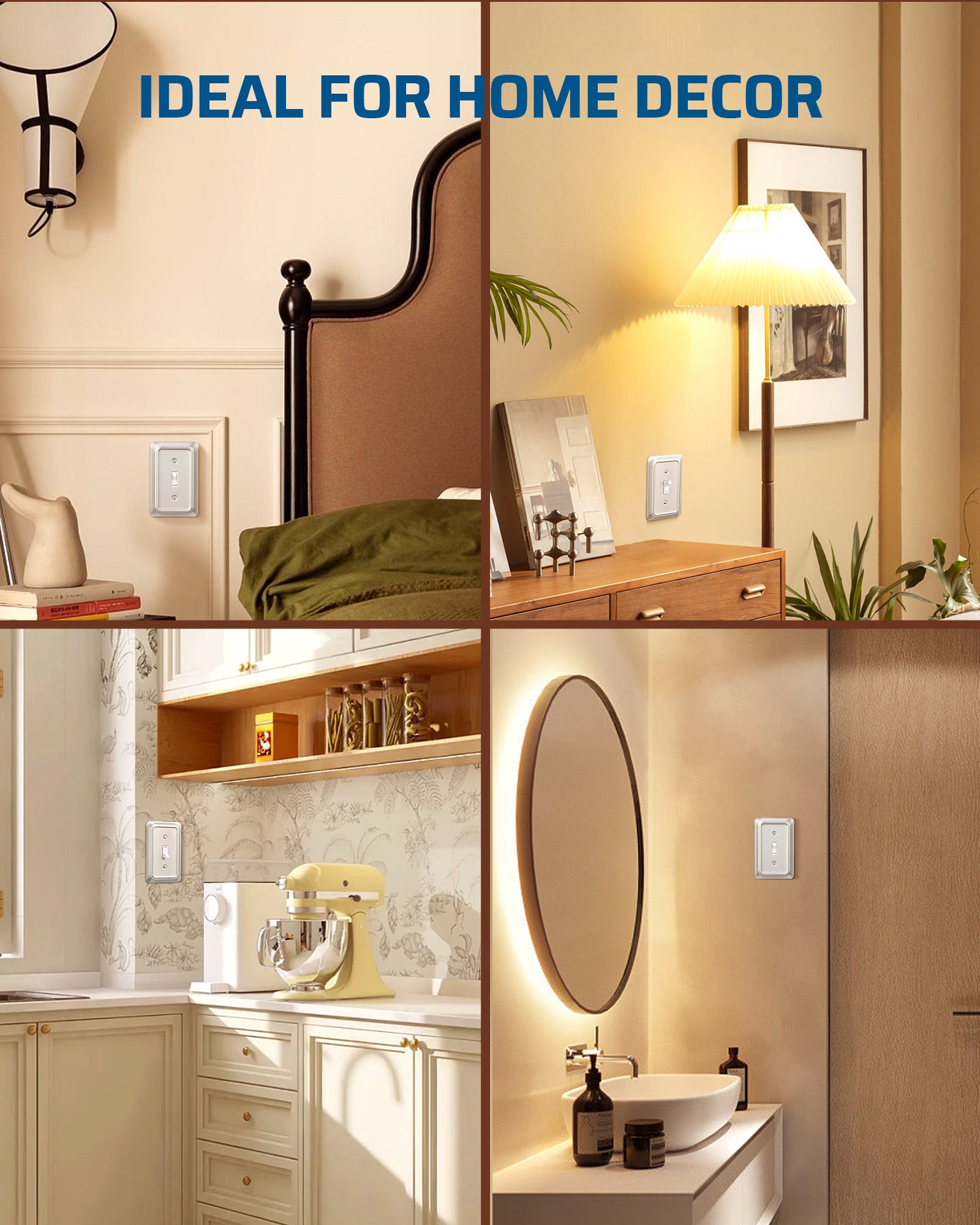 DEWENWILS 4-Pack Brushed Nickel Outlet Covers & Switch Plates — Decorative Metal Wall Plates, Round Corner Design for Toggle Light Switches (1-Gang Standard Size)-HTWP06A