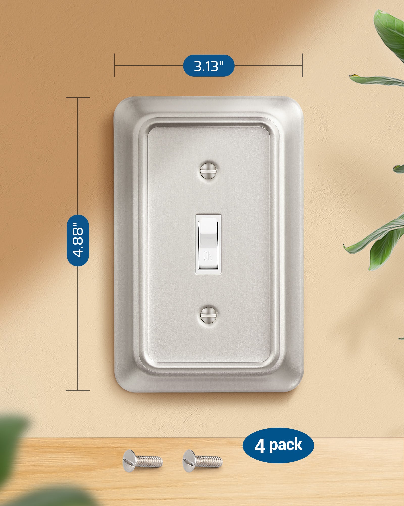 DEWENWILS 4-Pack Brushed Nickel Outlet Covers & Switch Plates — Decorative Metal Wall Plates, Round Corner Design for Toggle Light Switches (1-Gang Standard Size)-HTWP06A