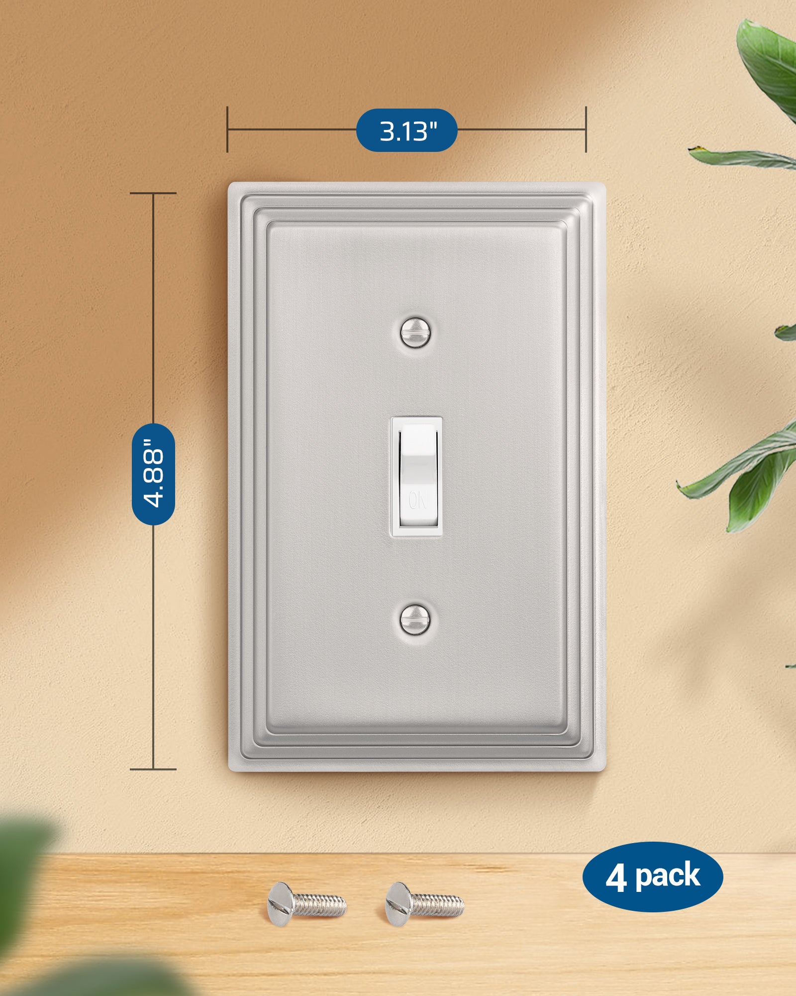 DEWENWILS 4-Pack Brushed Nickel Outlet Covers & Switch Plates — Decorative Metal Wall Plates for Toggle Light Switches (1-Gang Standard Size)-HTWP07A