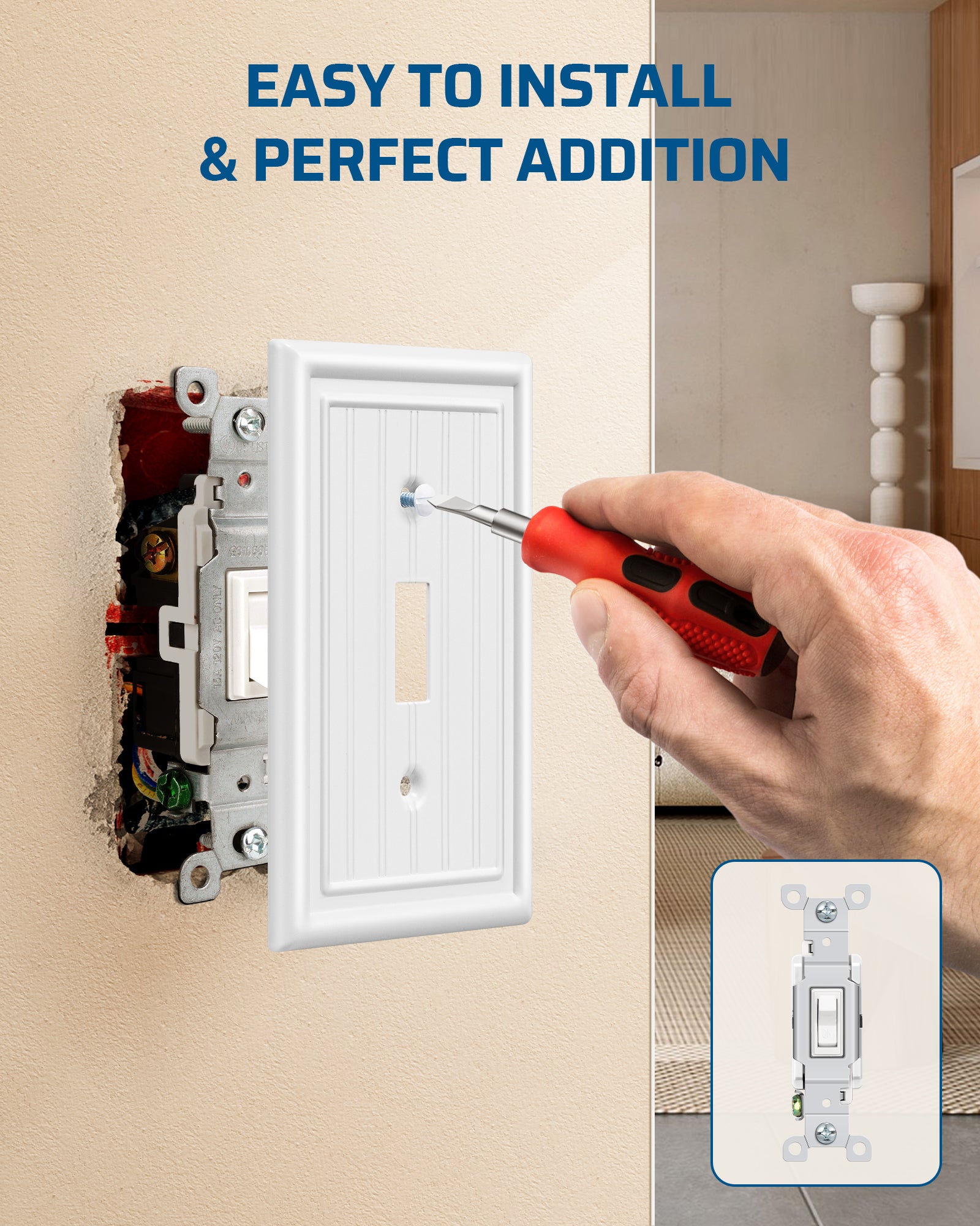 DEWENWILS 4-Pack White Outlet Covers & Switch Plates — Decorative Metal Wall Plates for Toggle Light Switches (1-Gang Standard Size)-HTWP08C