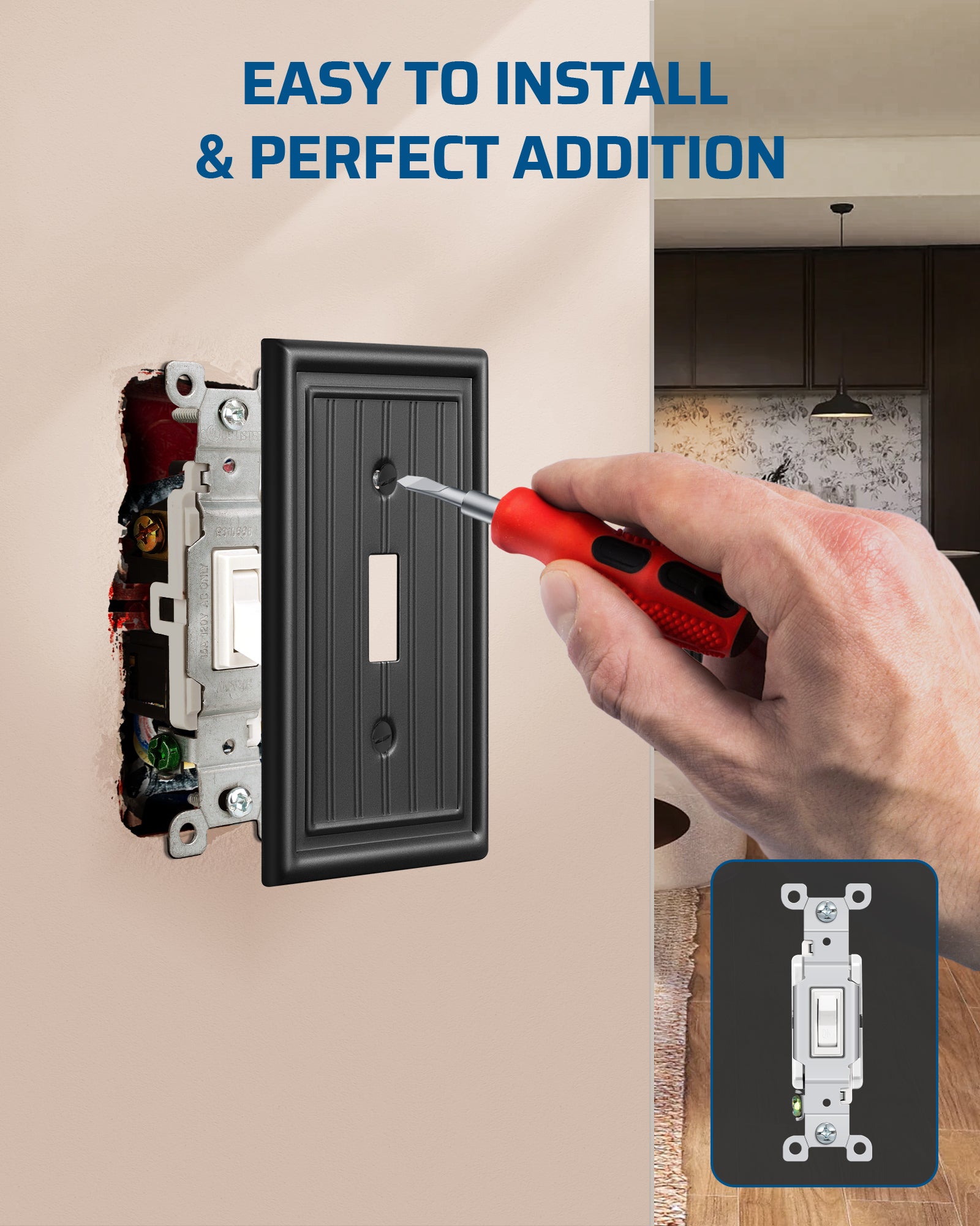 DEWENWILS 4-Pack Black Outlet Covers & Switch Plates — Decorative Metal Wall Plates for Toggle Light Switches (1-Gang Standard Size)-HTWP08D