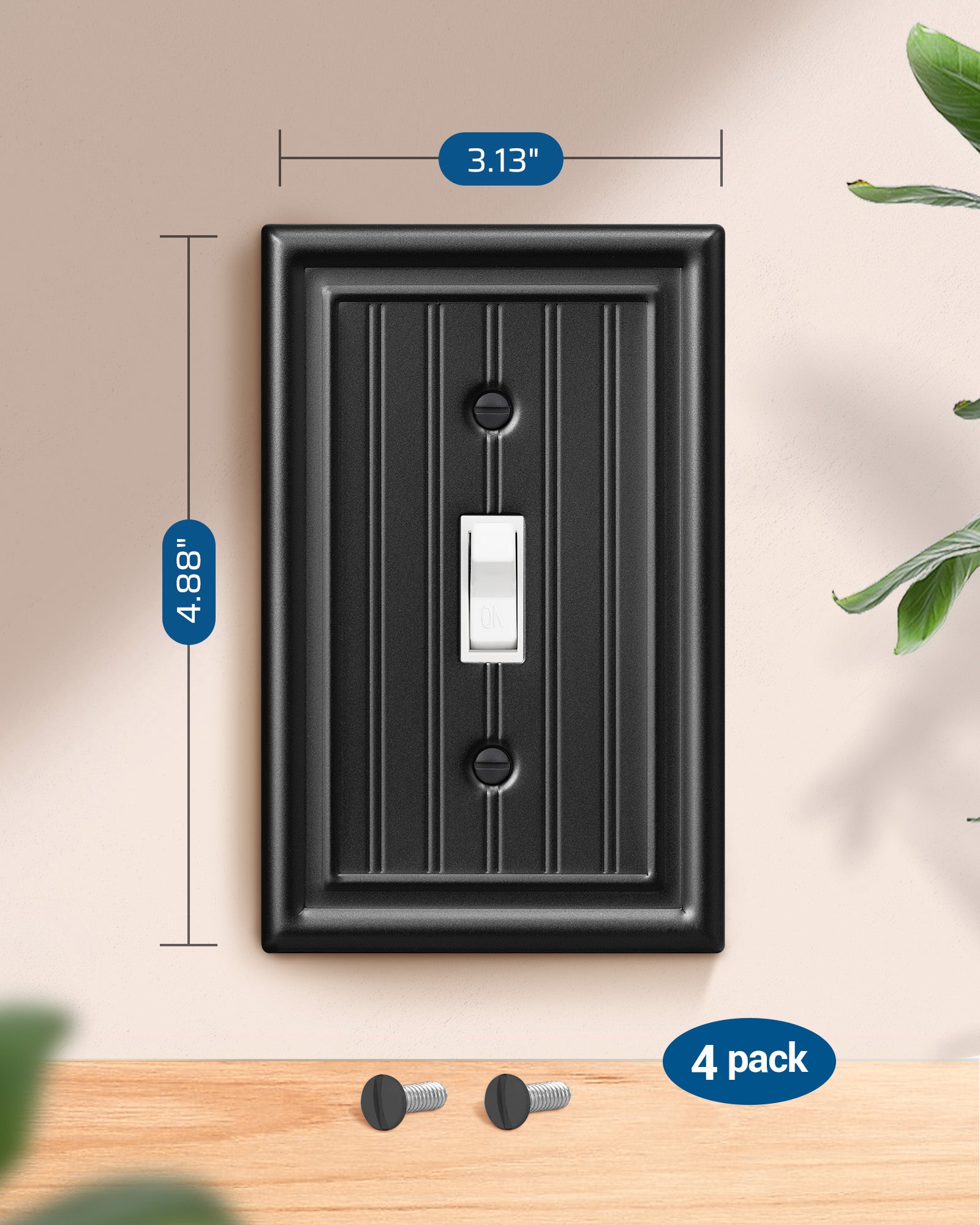 DEWENWILS 4-Pack Black Outlet Covers & Switch Plates — Decorative Metal Wall Plates for Toggle Light Switches (1-Gang Standard Size)-HTWP08D