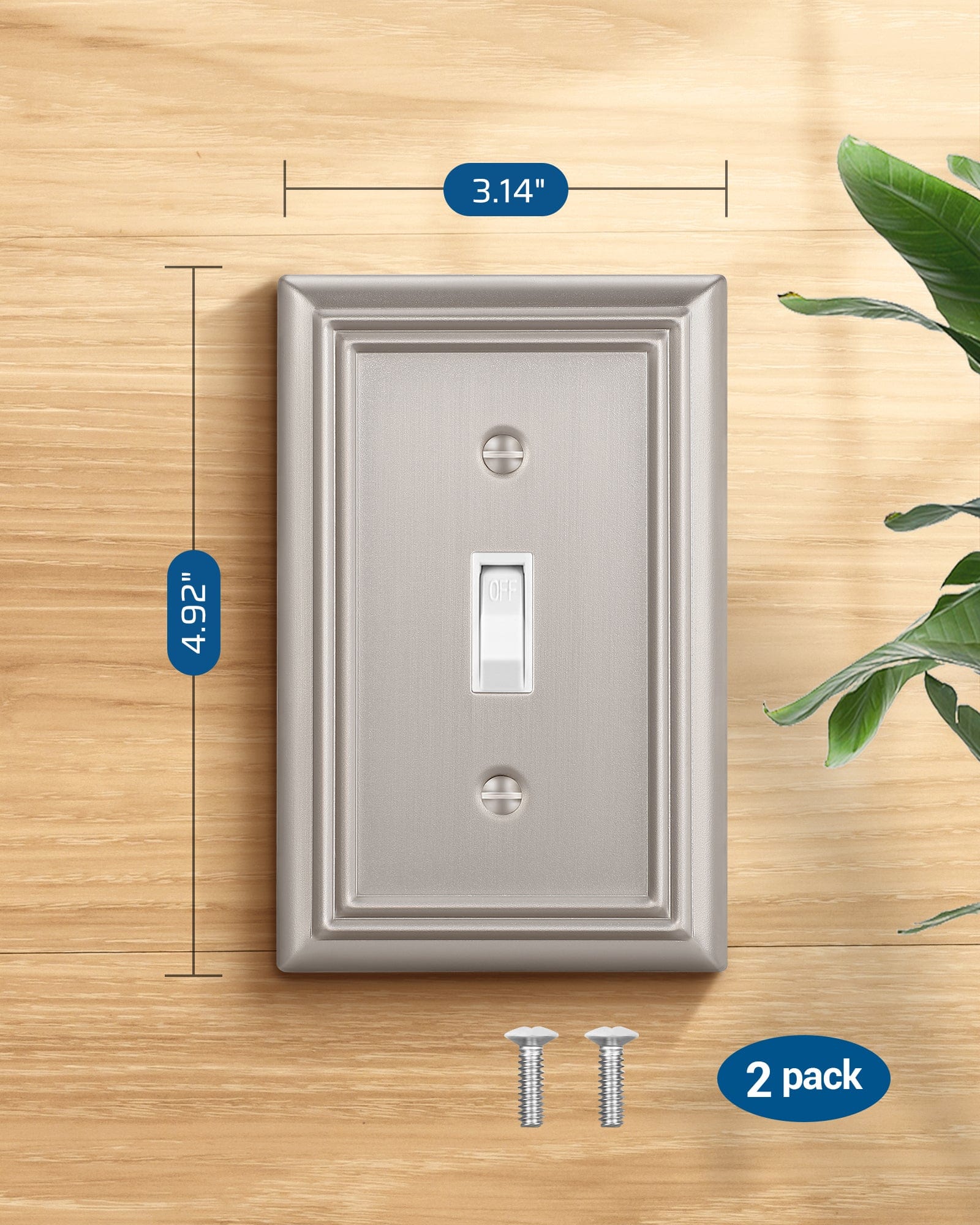 DEWENWILS Single Toggle Wall Plates, Brushed Nickel Metal Light Switch Cover Plates, 4.92" x 3.14" Outlet Wall Plates, Switch Plate Covers for Home Decor, 2 Pack-HTWP12A