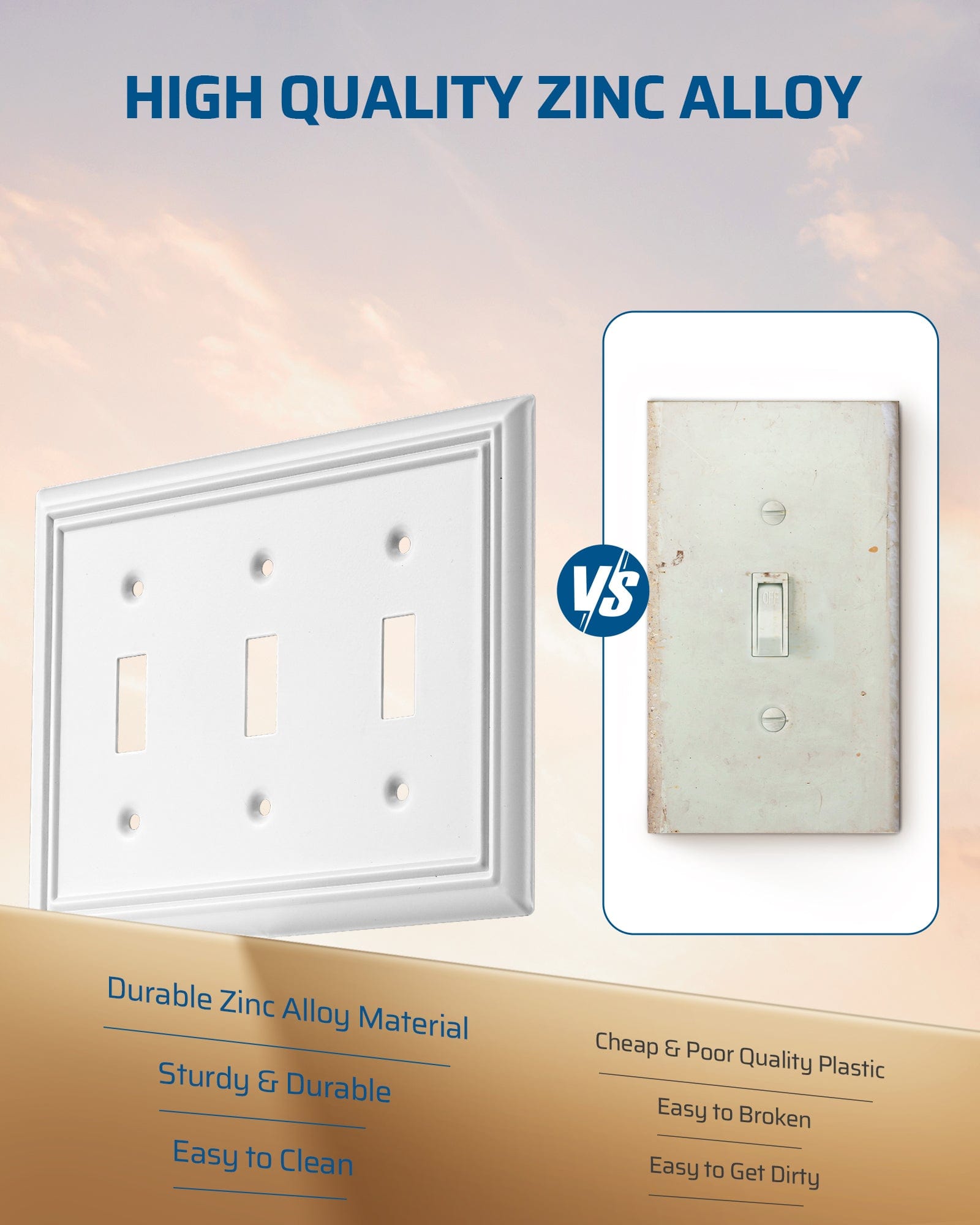 DEWENWILS Triple Toggle Wall Plate, Metal Outlet Cover, Standard Size 3-Gang Light Switch Cover,Durable Receptacle Cover (2 Pack, White)-HTWP32G