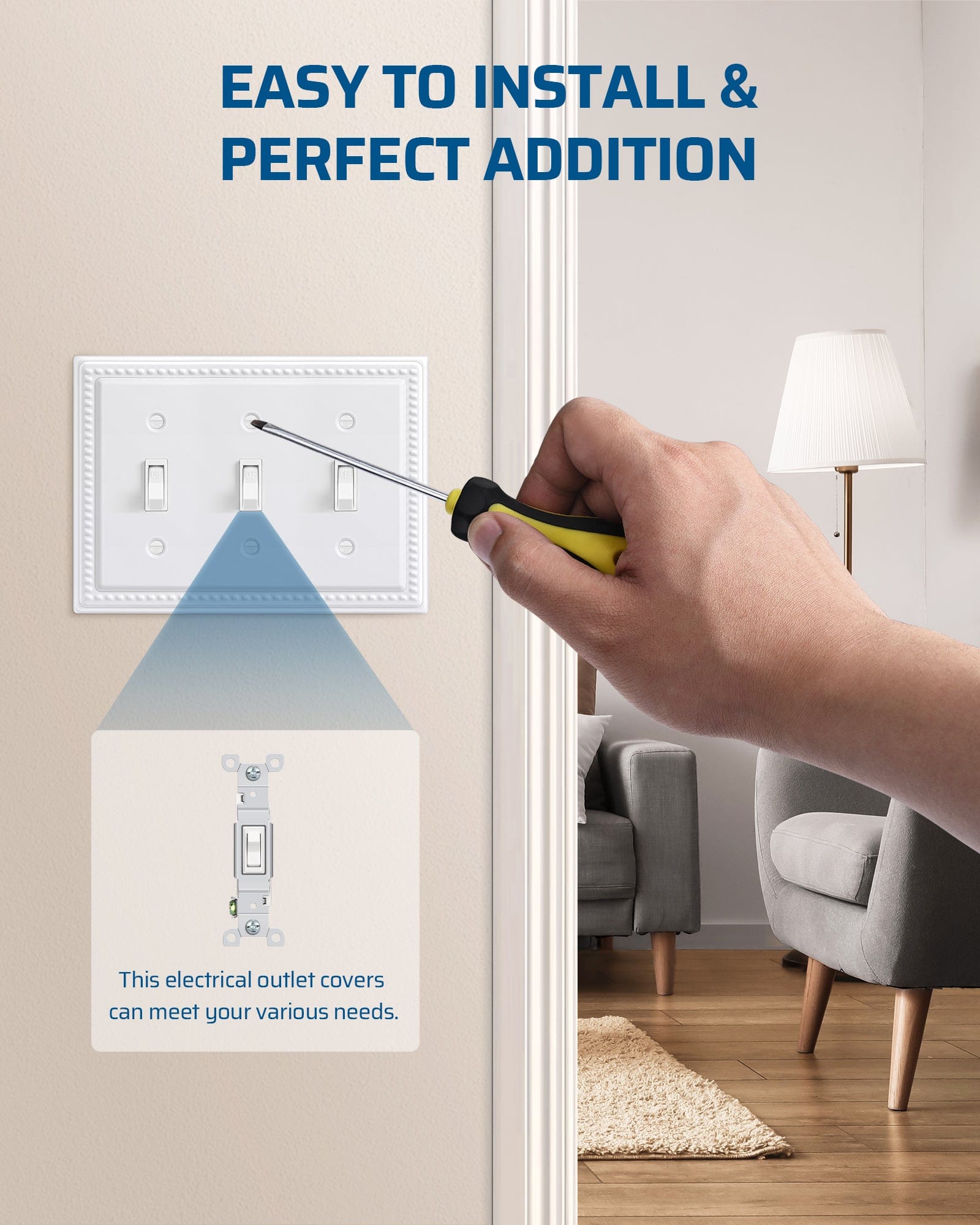 DEWENWILS 2 Pack Metal Outlet Covers, Tripple Toggle Wall Plate Cover, Classic White Finish Light Switch Cover Plates, 4.92"×4.98" Sunken Pearls Decorative Wall Plates Electrical Outlets-HTXP03C