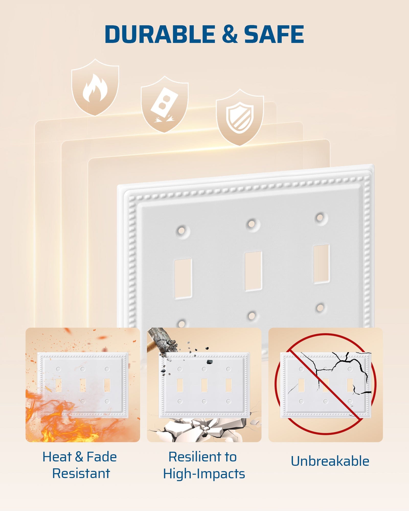 DEWENWILS 2 Pack Metal Outlet Covers, Tripple Toggle Wall Plate Cover, Classic White Finish Light Switch Cover Plates, 4.92"×4.98" Sunken Pearls Decorative Wall Plates Electrical Outlets-HTXP03C
