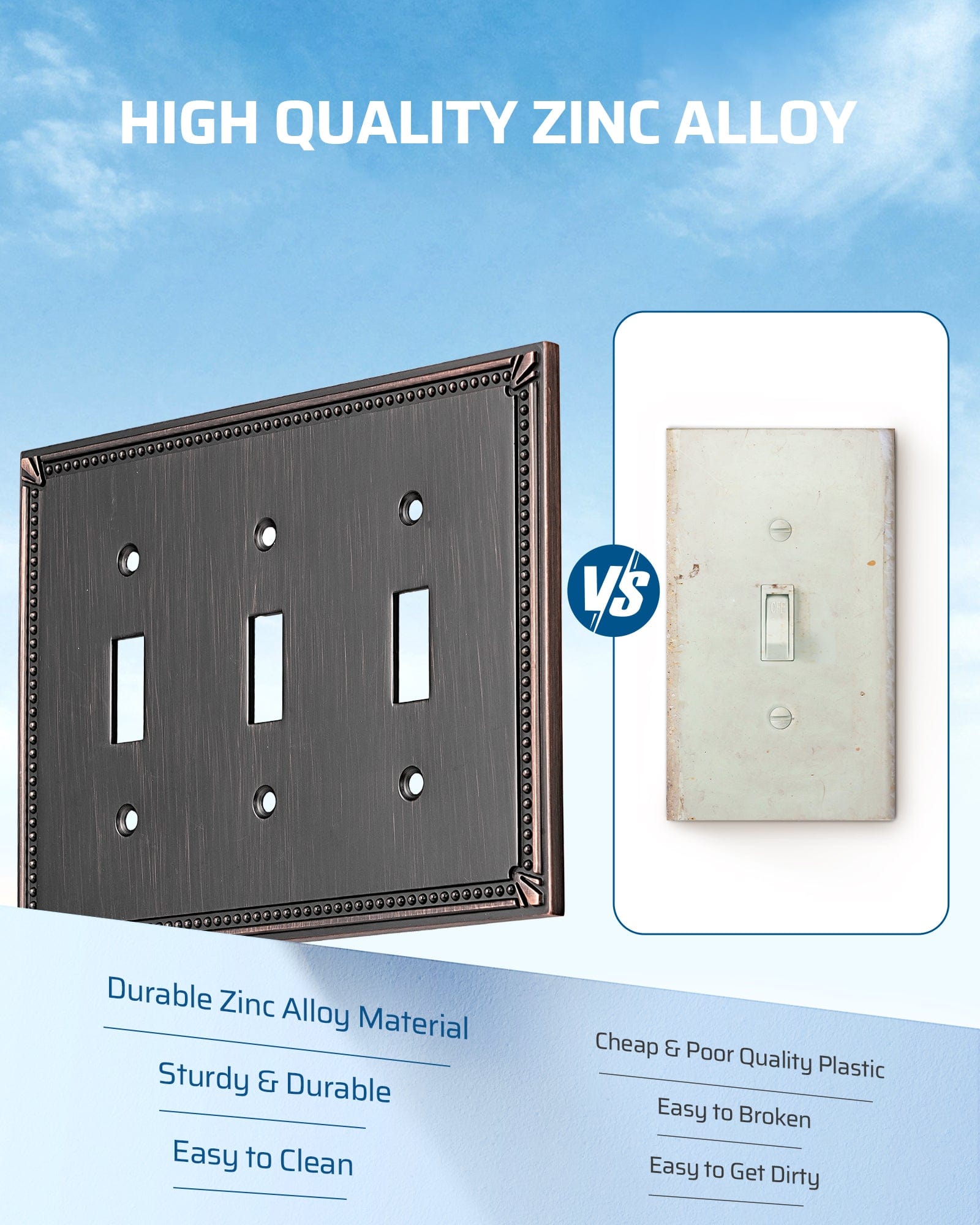 DEWENWILS 2 Pack Zinc Alloy Wall Plate Covers, 6.77"×4.84" Triple Toggle Outlet Cover, Oil Rubbed Bronze Finish Light Switch Plate Cover, Sunken Pearls Decorative Wall Plates Electrical Outlet Cover-HTXP04B