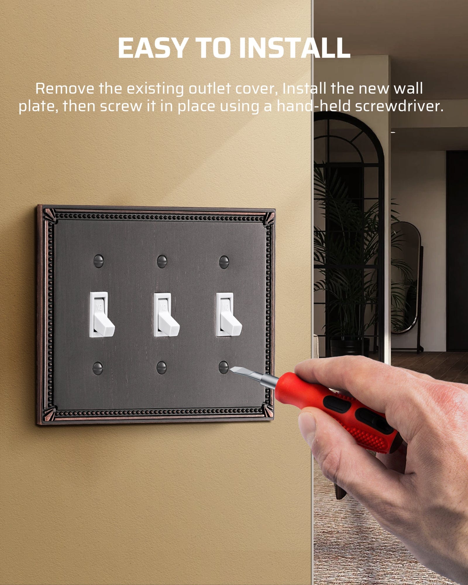 DEWENWILS 2 Pack Zinc Alloy Wall Plate Covers, 6.77"×4.84" Triple Toggle Outlet Cover, Oil Rubbed Bronze Finish Light Switch Plate Cover, Sunken Pearls Decorative Wall Plates Electrical Outlet Cover-HTXP04B
