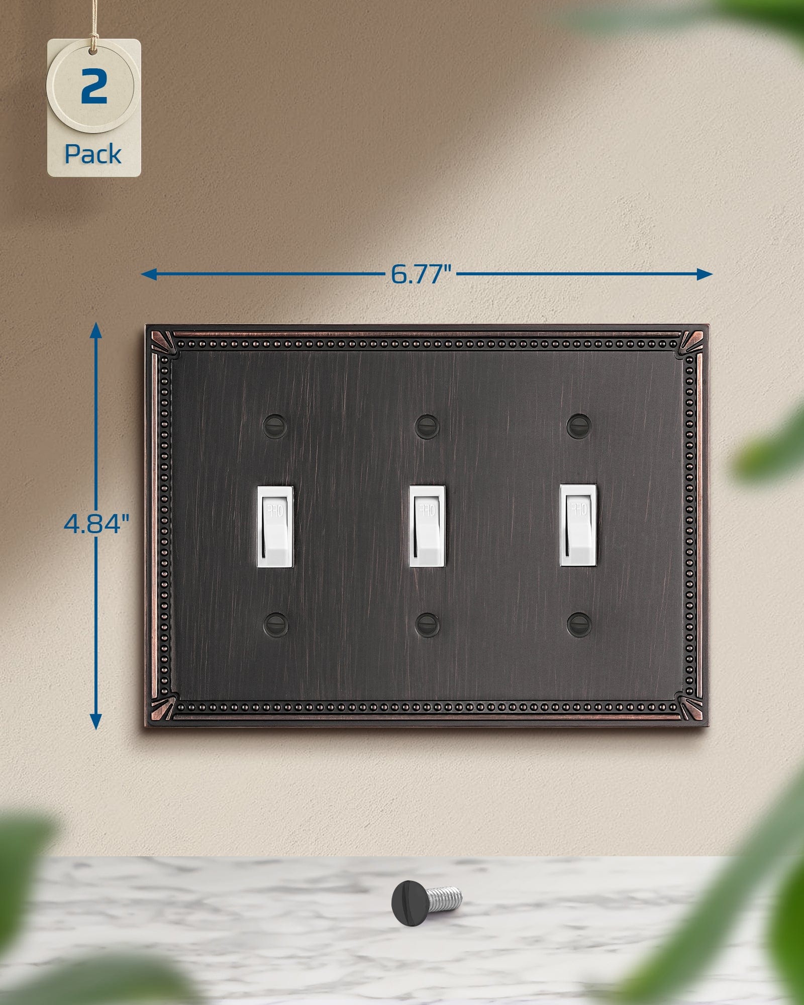 DEWENWILS 2 Pack Zinc Alloy Wall Plate Covers, 6.77"×4.84" Triple Toggle Outlet Cover, Oil Rubbed Bronze Finish Light Switch Plate Cover, Sunken Pearls Decorative Wall Plates Electrical Outlet Cover-HTXP04B