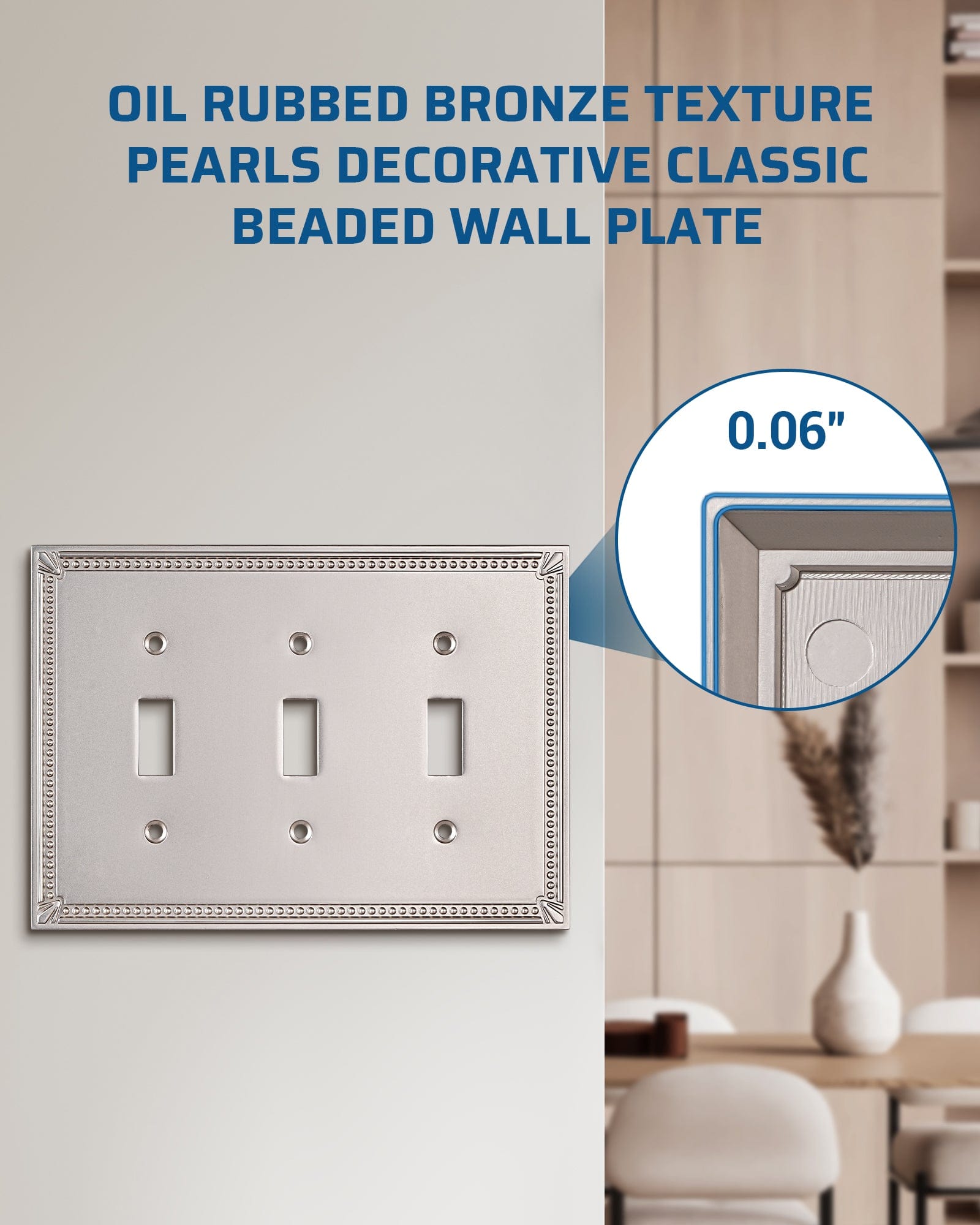 DEWENWILS 2 Pack Zinc Alloy Wall Plate Covers, 6.77"×4.84" Triple Toggle Outlet Cover, Satin Nickel Finish Light Switch Plate Cover, Sunken Pearls Decorative Wall Plates Electrical Outlet Cover-HTXP04F