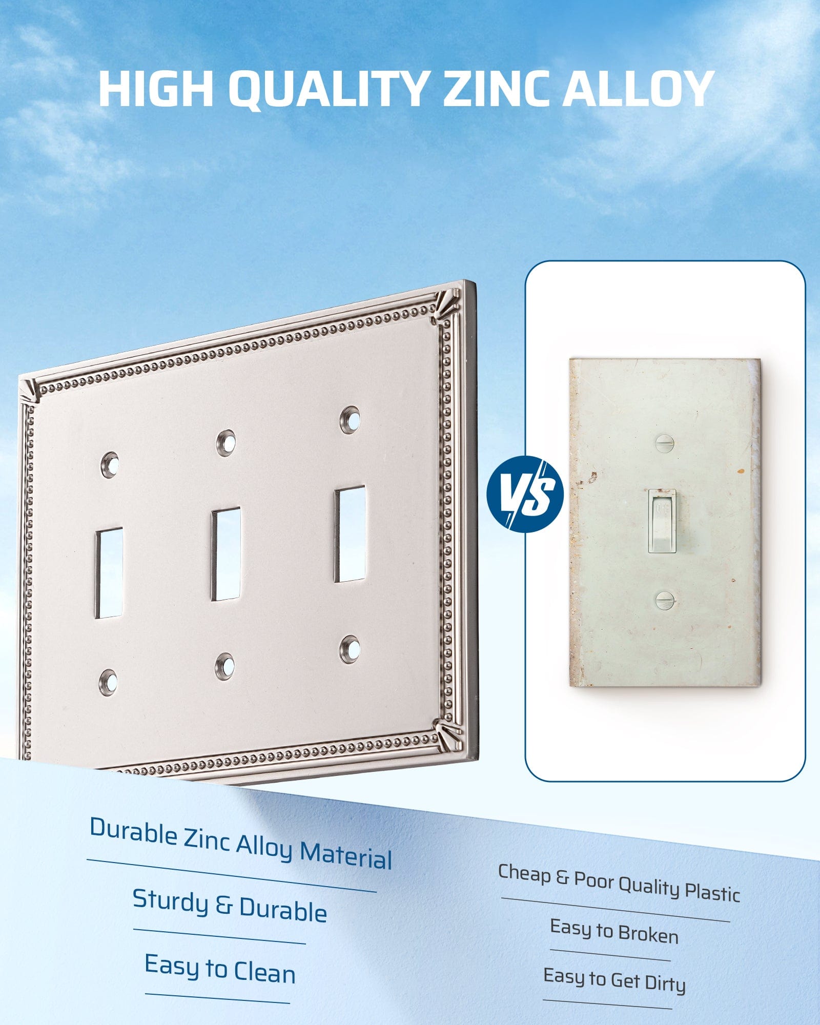 DEWENWILS 2 Pack Zinc Alloy Wall Plate Covers, 6.77"×4.84" Triple Toggle Outlet Cover, Satin Nickel Finish Light Switch Plate Cover, Sunken Pearls Decorative Wall Plates Electrical Outlet Cover-HTXP04F