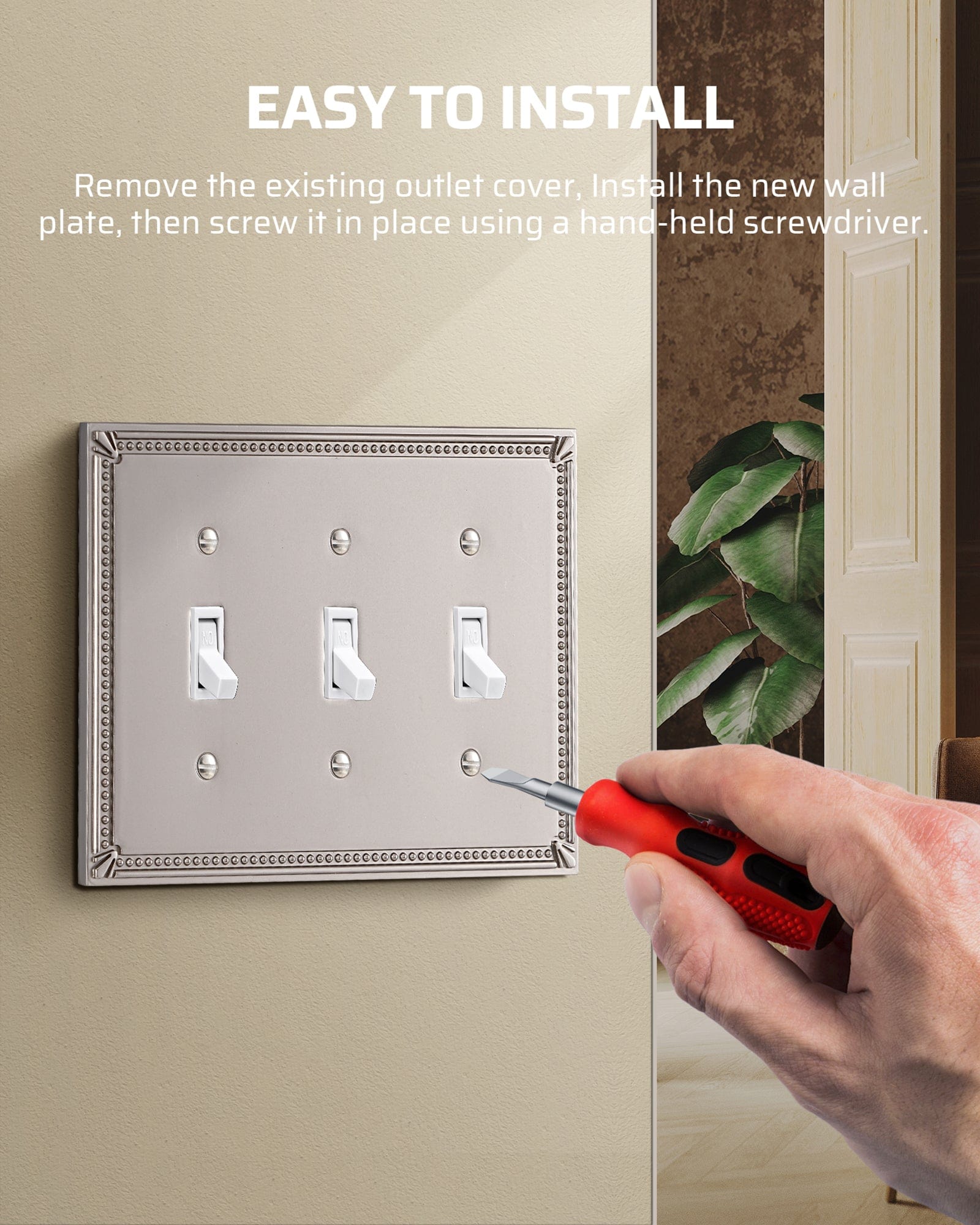 DEWENWILS 2 Pack Zinc Alloy Wall Plate Covers, 6.77"×4.84" Triple Toggle Outlet Cover, Satin Nickel Finish Light Switch Plate Cover, Sunken Pearls Decorative Wall Plates Electrical Outlet Cover-HTXP04F