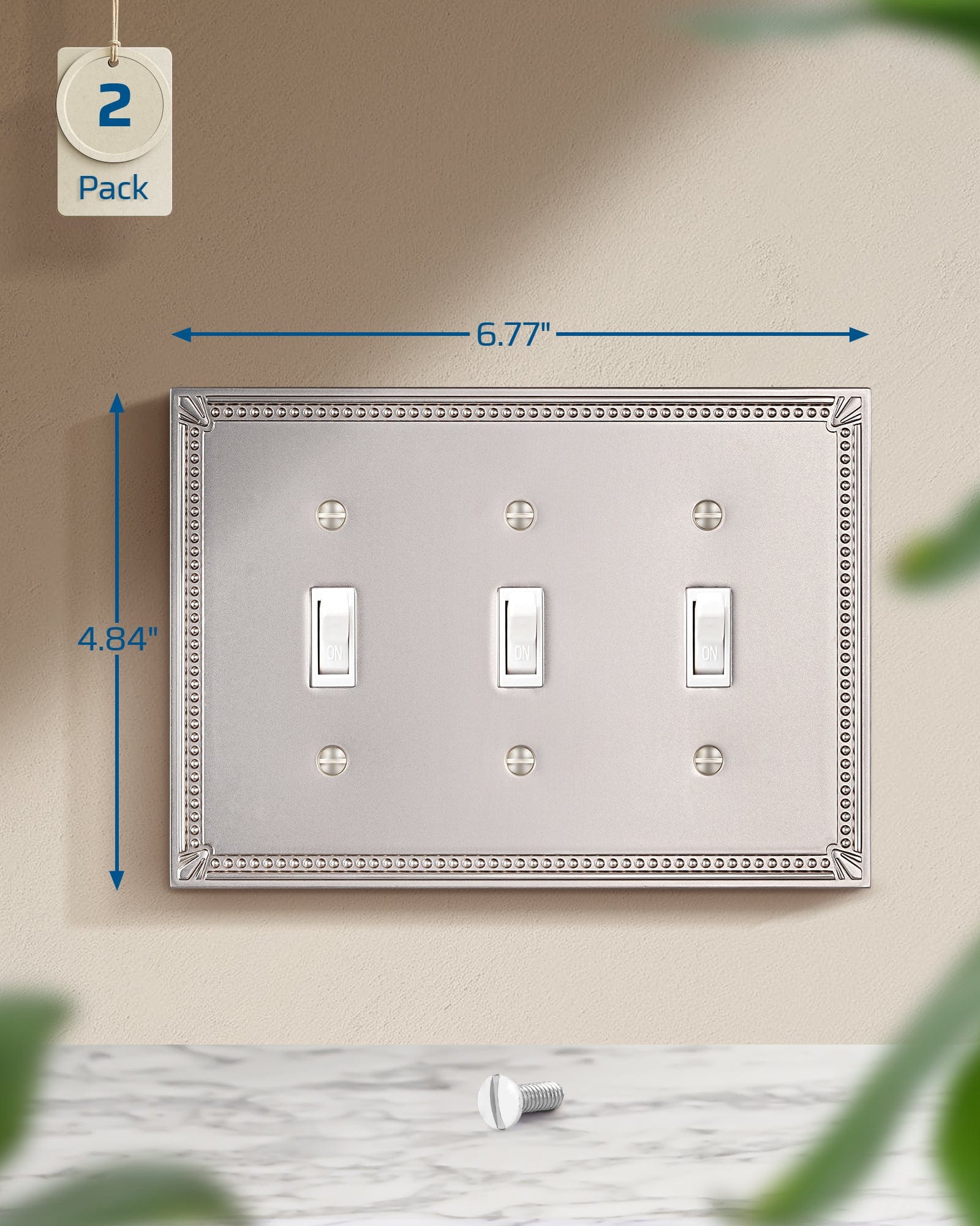 DEWENWILS 2 Pack Zinc Alloy Wall Plate Covers, 6.77"×4.84" Triple Toggle Outlet Cover, Satin Nickel Finish Light Switch Plate Cover, Sunken Pearls Decorative Wall Plates Electrical Outlet Cover-HTXP04F