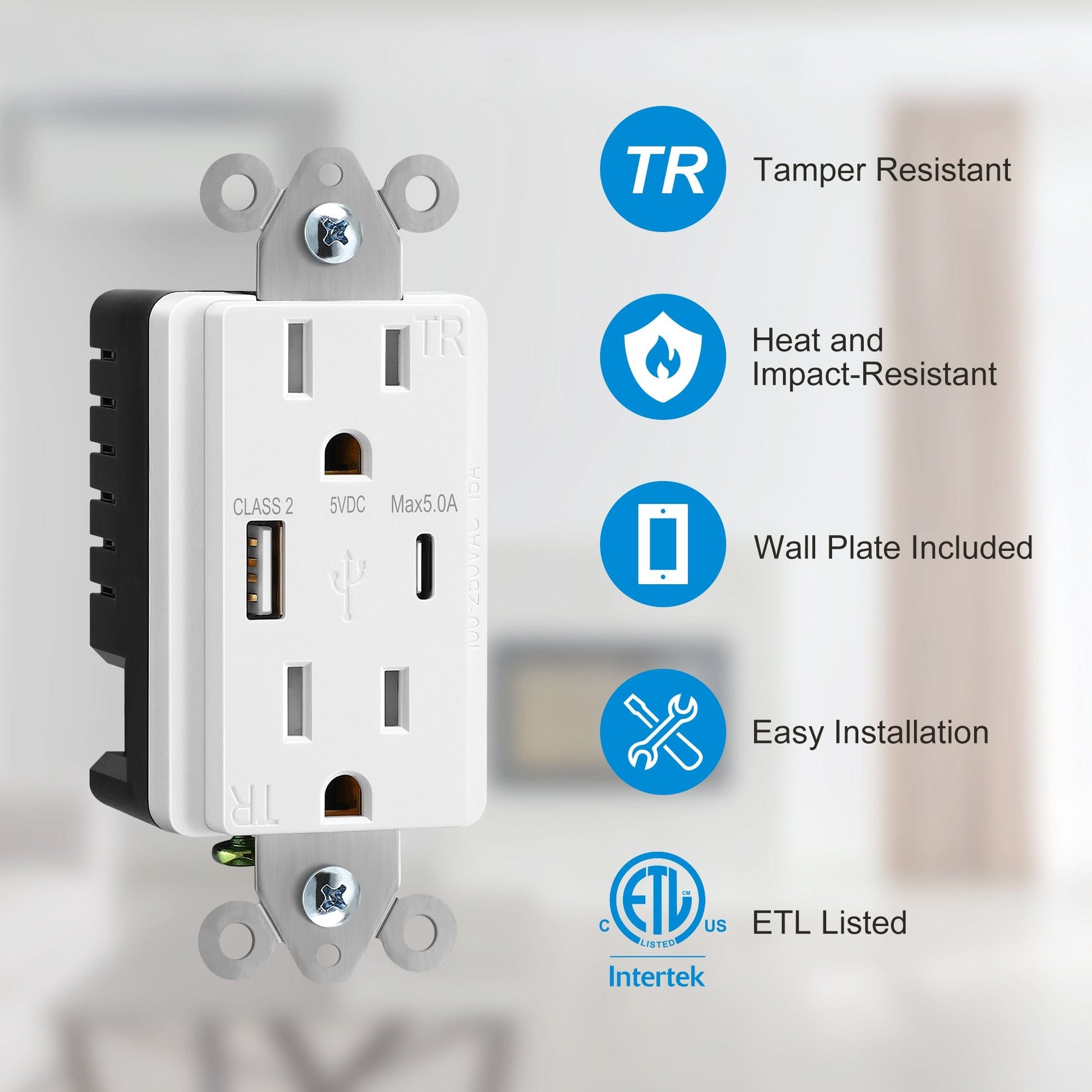Wall Outlet: Tamper-resistant design with heat and impact resistance, includes wall plate, easy to install, ETL listed for safe and reliable use