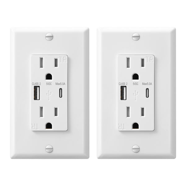 DEWENWILS 2-Pack 5.0A USB Wall Outlet, USB Outlet with Type C & Type A USB Ports, 15 Amp Tamper Resistant Receptacle Outlet, Wall Plate Included-HUWS02A