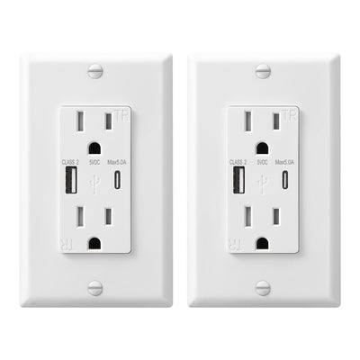 DEWENWILS 2-Pack 5.0A USB Wall Outlet, USB Outlet with Type C & Type A USB Ports, 15 Amp Tamper Resistant Receptacle Outlet, Wall Plate Included-HUWS02A