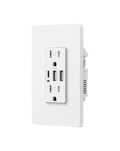 DEWENWILS USB Outlets, 30W 6.0 Amp USB C Outlets Receptacles, 3-Port USB Wall Outlet, 15 Amp Tamper-Resistant Outlet with USB C Ports, Screwless Wall Plate Included, 1 Pack, White-HUWS03B