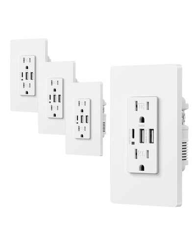 DEWENWILS USB Outlets, 30W 6.0 Amp USB C Outlets Receptacles, 3-Port USB Wall Outlet, 15 Amp Tamper-Resistant Outlet with USB C Ports, Screwless Wall Plate Included, 4 Pack, White-HUWS03C