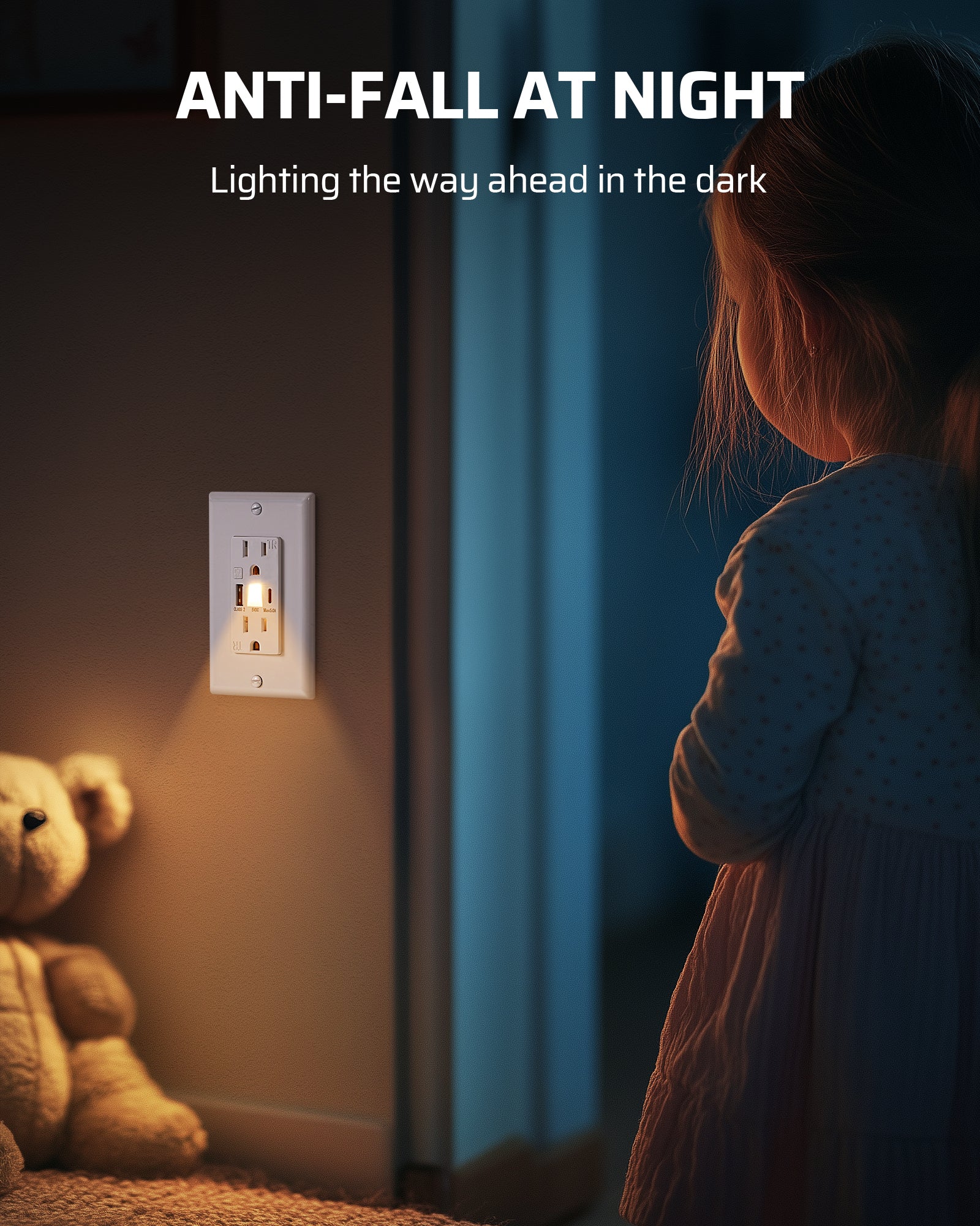 Wall Outlet: Built-in night light provides guidance in the dark, helping prevent nighttime falls by safely lighting the way ahead in low-light conditions
