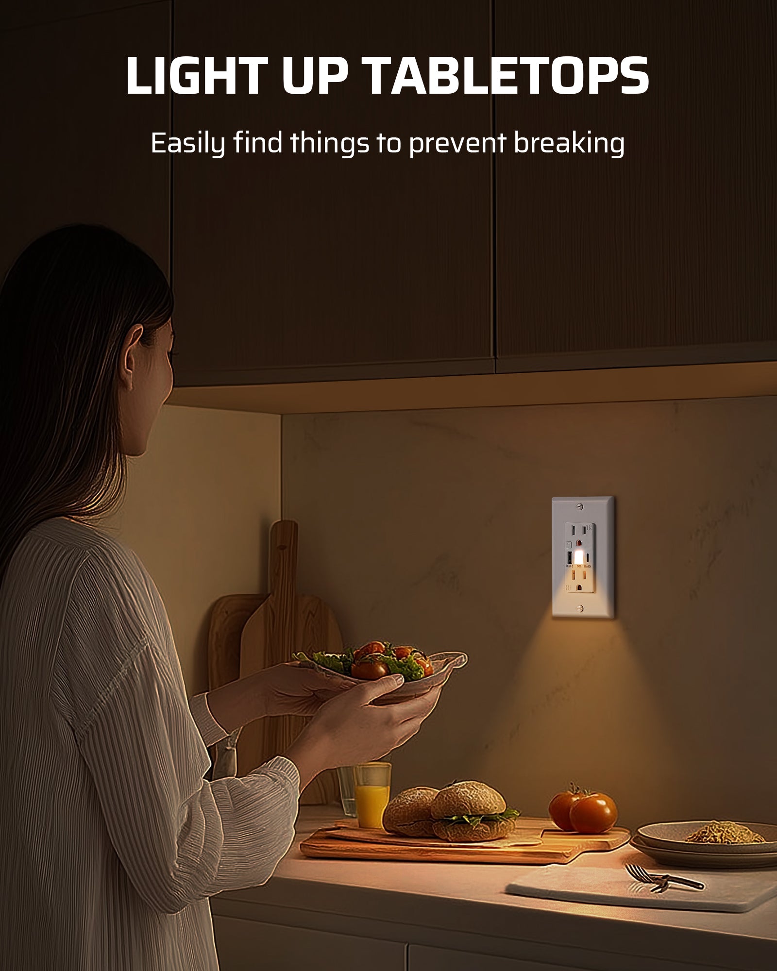 Wall Outlet: Built-in night light helps illuminate tabletops, making it easier to locate items and prevent accidental damage or breakage during low-light conditions