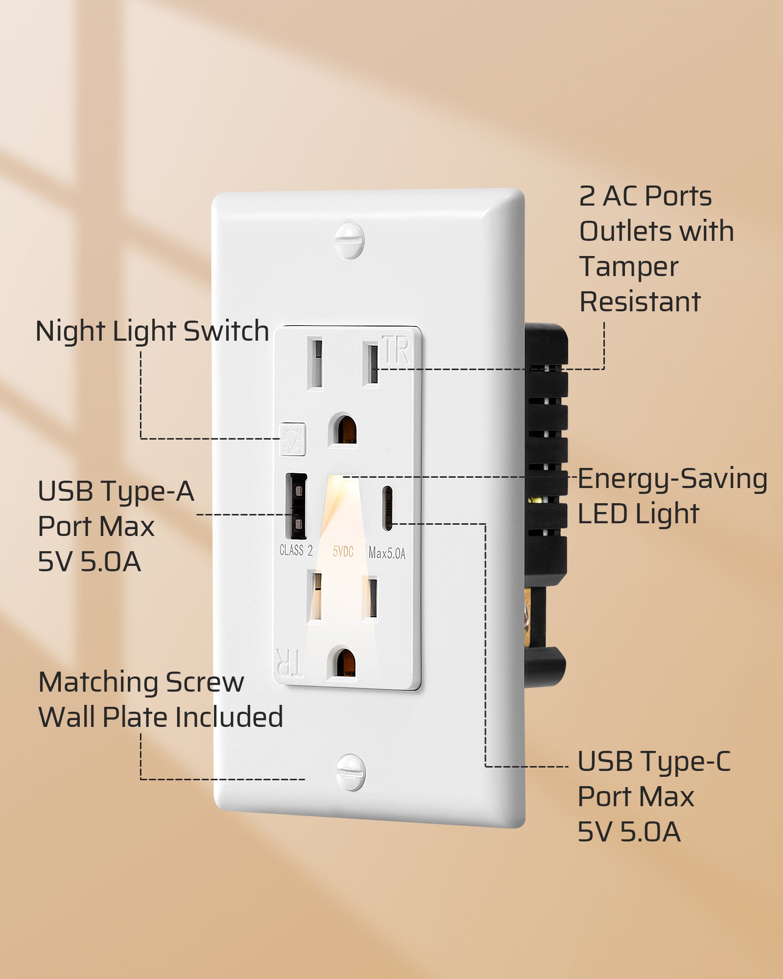 Wall Outlet: USB-A and USB-C ports with 5V 5.0A max output, tamper-resistant outlets, energy-saving LED night light, includes matching wall plate and night light switch for convenient, safe charging and use