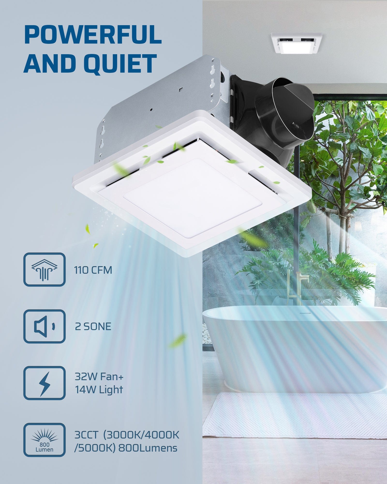 DEWENWILS Bathroom Exhaust Fan with Light, 32W 110CFM Bathroom Vent Fan, 800LM LED Light 3000K/4000K/5000K Selectable, 2.0 Sones Quiet Ceiling Mount Ventilation Fans-HVEF02B