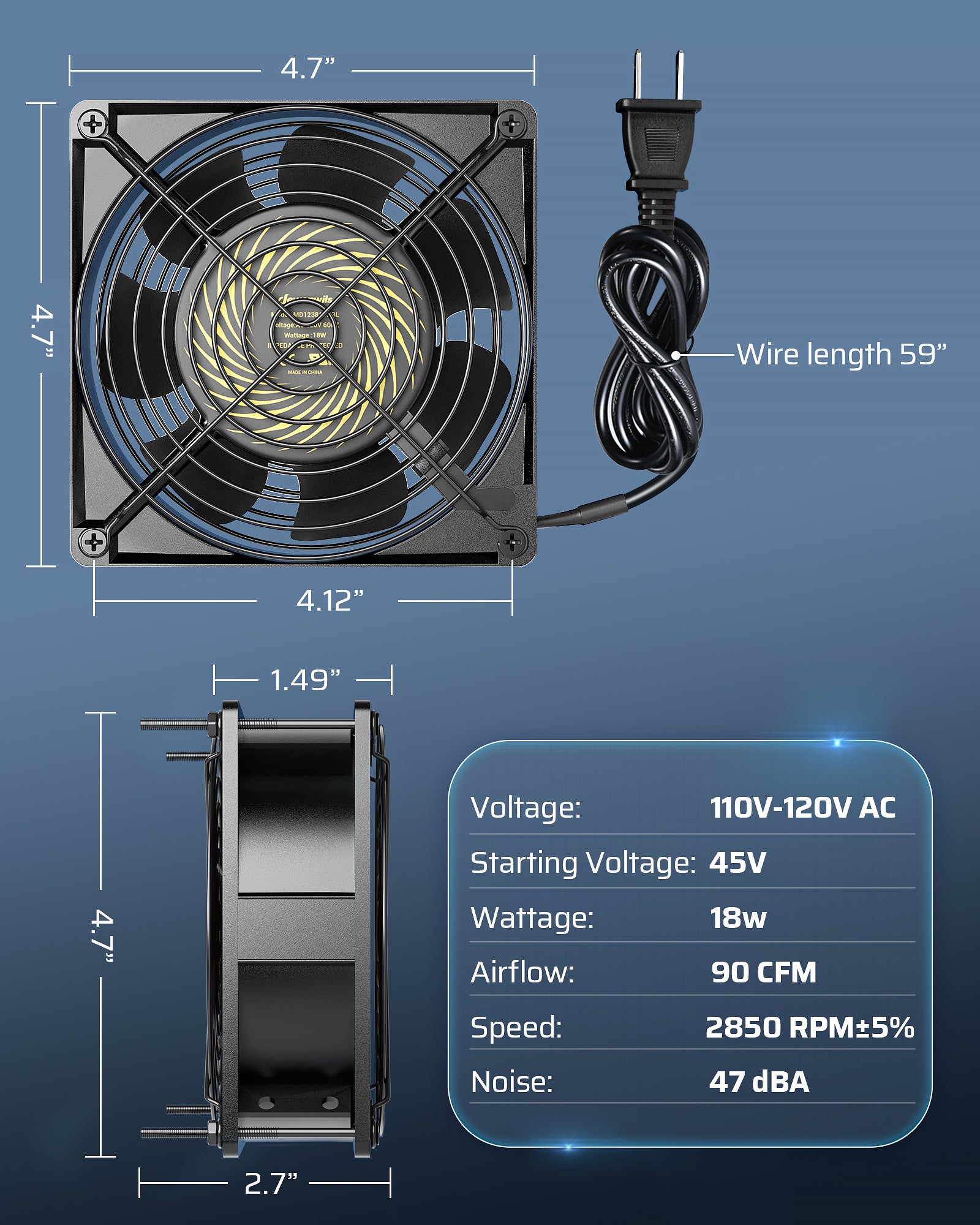 DEWENWILS 120V AC Fan, Waterproof Exhaust Fan 120mm, 18W 2850RPM 90CFM, DIY Cooling Fan for Refrigerator, Computer Case, Compressor Engine, Generator-HVEF10C