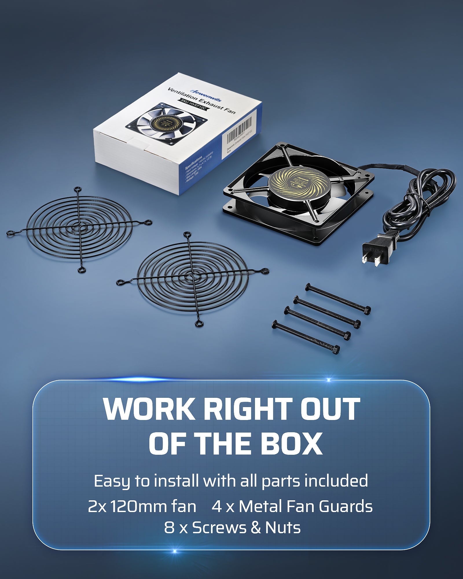 DEWENWILS 2 Pack 120V AC Fan, Waterproof Exhaust Fan 120mm, 13W 2800RPM 60CFM, DIY Cooling Fan for Refrigerator, Computer Case, Compressor Engine, Generator-HVEF12A