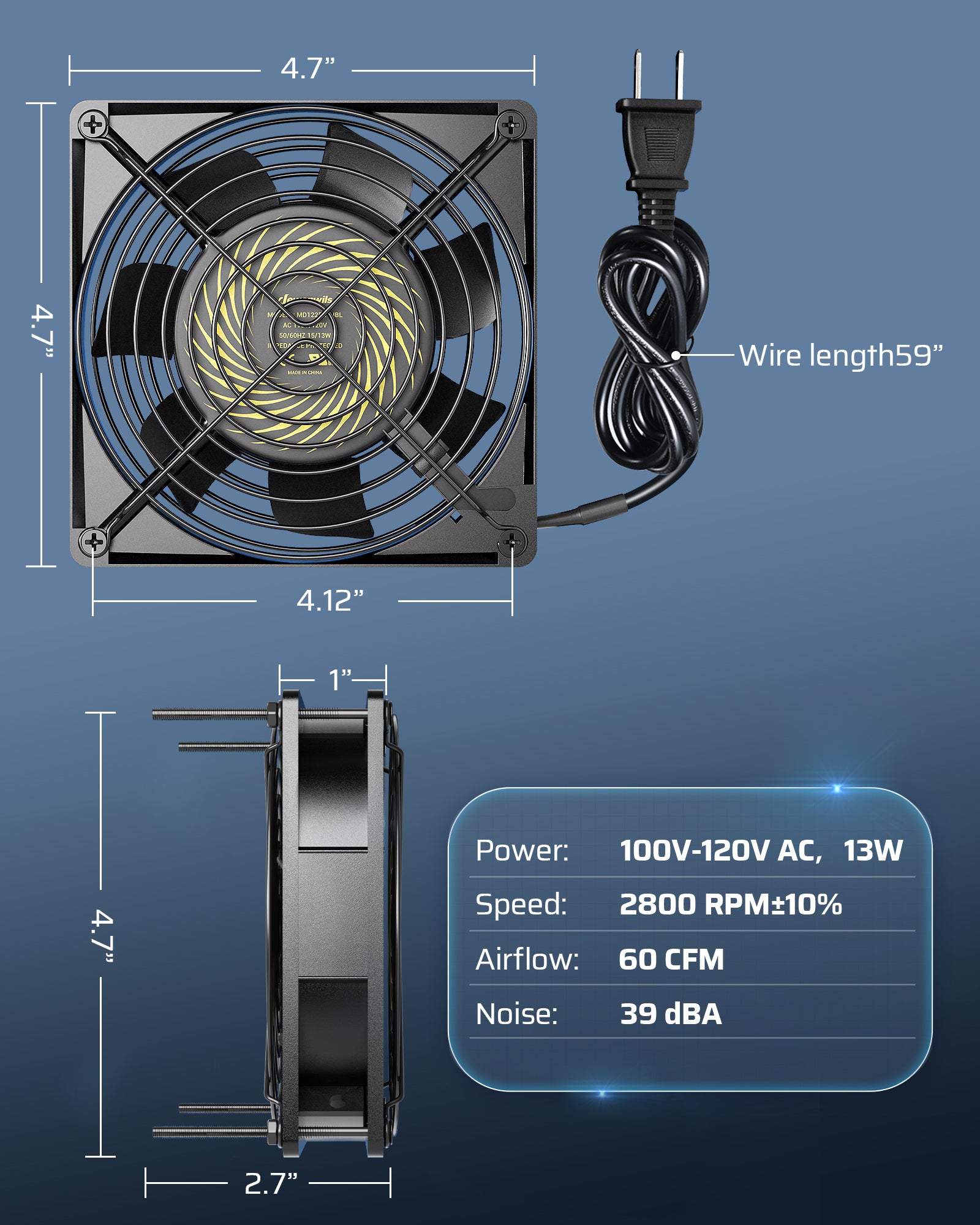 DEWENWILS 2 Pack 120V AC Fan, Waterproof Exhaust Fan 120mm, 13W 2800RPM 60CFM, DIY Cooling Fan for Refrigerator, Computer Case, Compressor Engine, Generator-HVEF12A