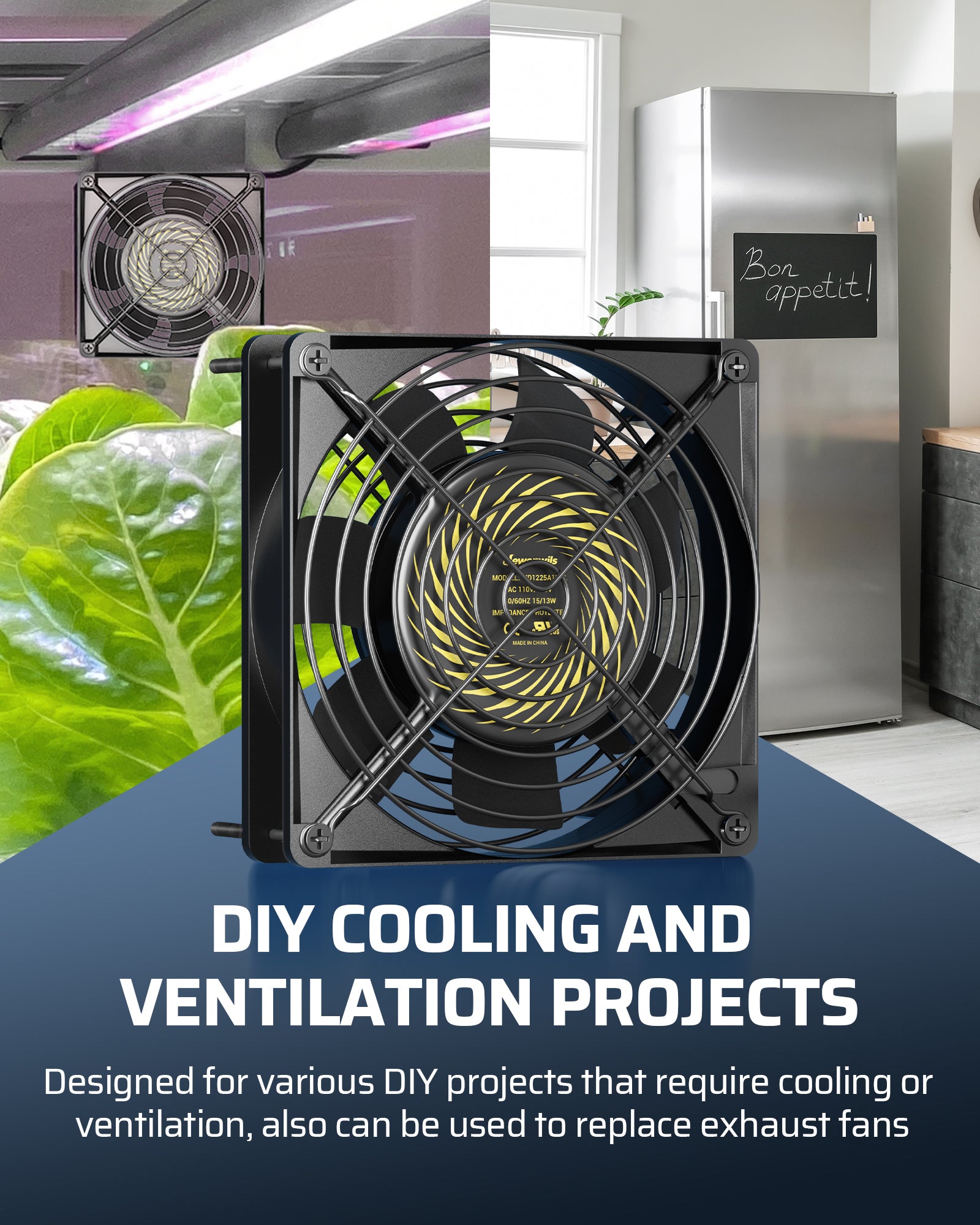 DEWENWILS 120V AC Fan, Waterproof Exhaust Fan 120mm, 13W 2800RPM 60CFM, DIY Cooling Fan for Refrigerator, Computer Case, Compressor Engine, Generator-HVEF12C