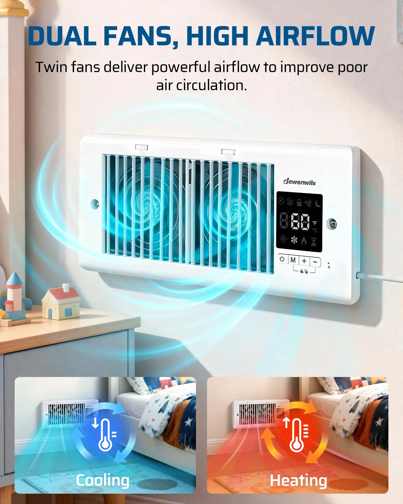 Register Booster Fan: Twin fans deliver powerful high airflow to improve poor air circulation and enhance ventilation efficiency