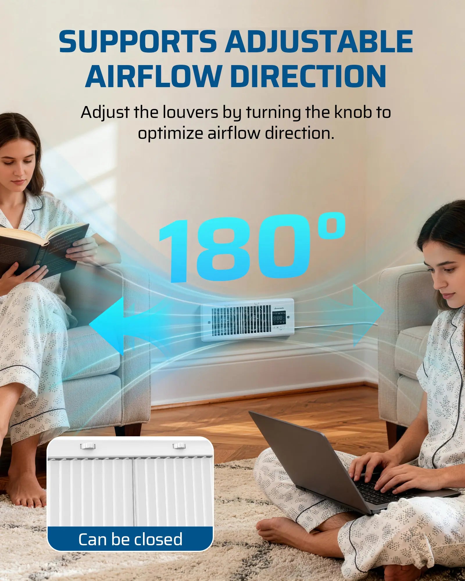 Register Booster Fan: Adjustable louvers with 180° airflow direction allow easy control via knob to optimize airflow and improve ventilation efficiency