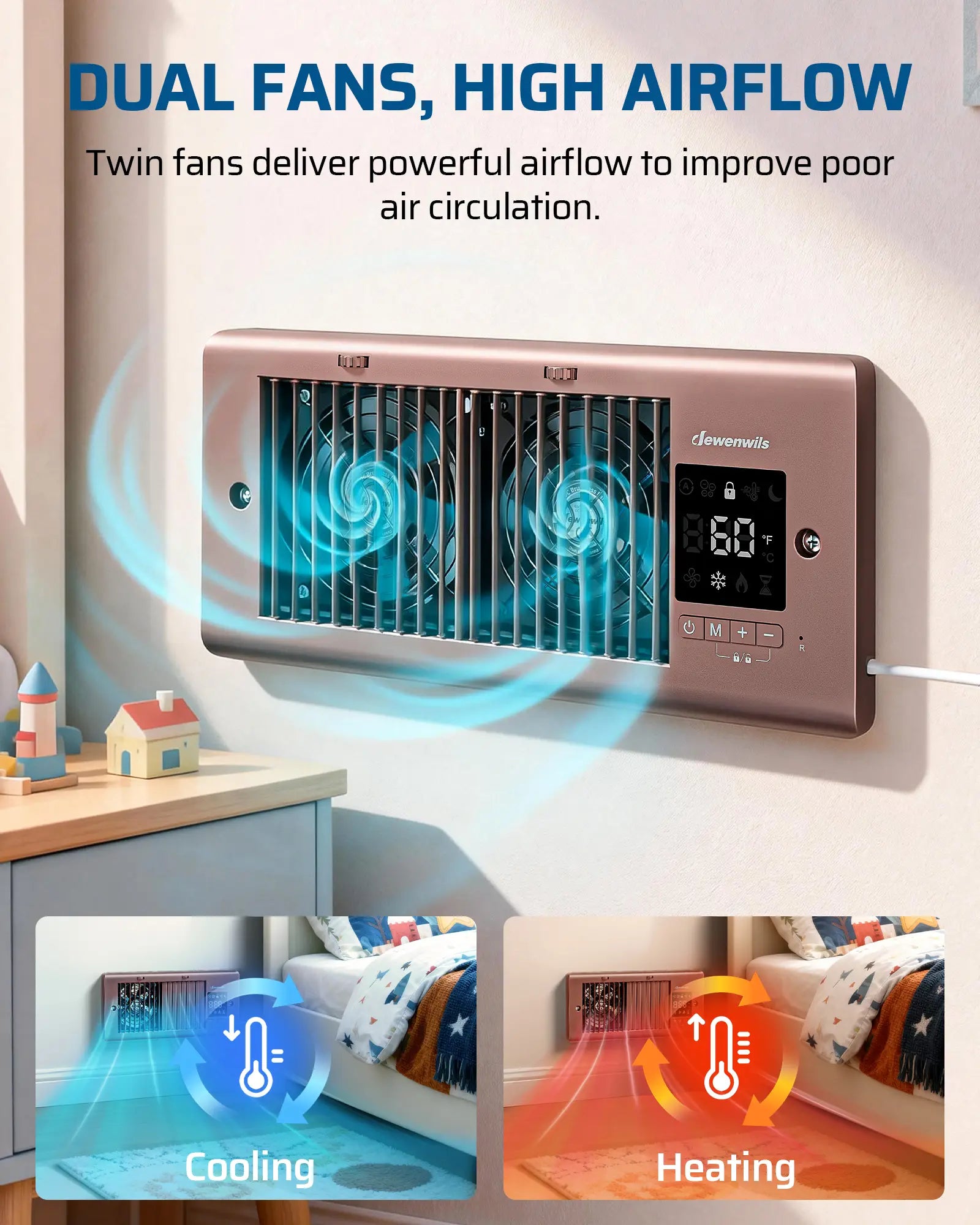 Register Booster Fan: Dual fans deliver powerful high airflow to improve poor air circulation and enhance overall ventilation efficiency
