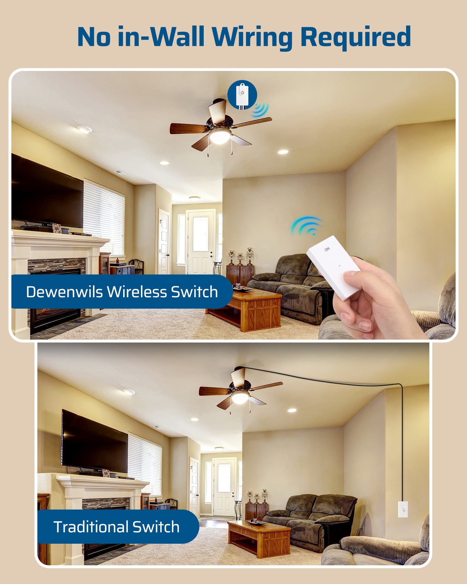 DEWENWILS Wireless Light Switch and Receiver Kit,15A High Power, No in-Wall Wiring, Remote Control Wall Lighting Switch for Ceiling Light, Fan, Lamp, 100FT Range, Programmable-HWLS11G