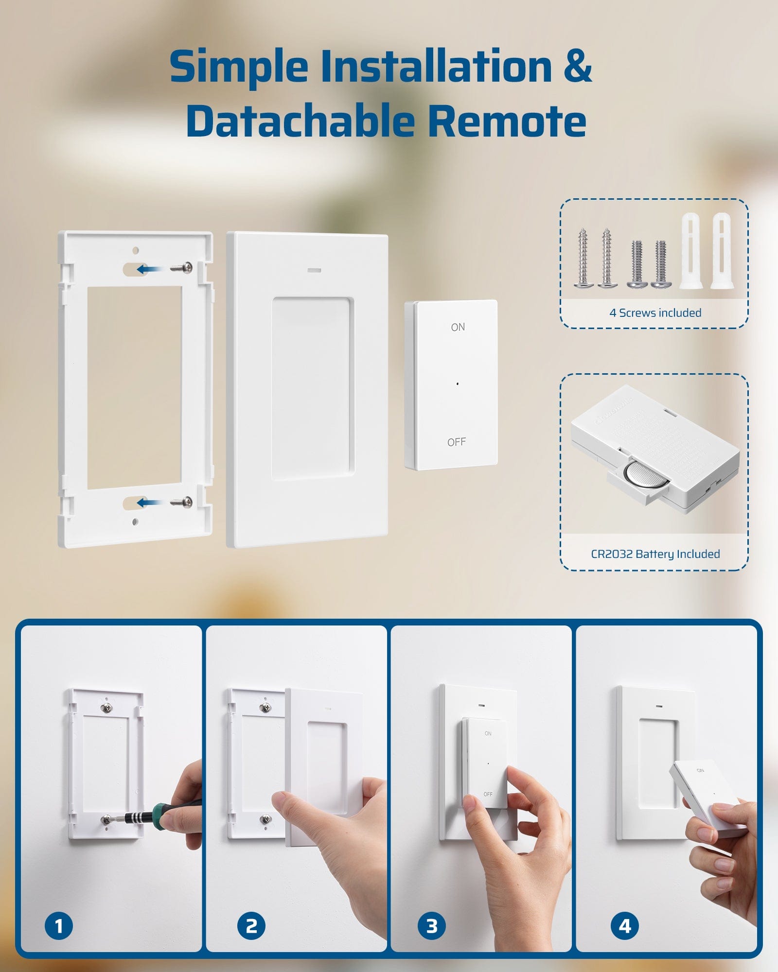DEWENWILS Wireless Light Switch and Receiver Kit,15A High Power, No in-Wall Wiring, Remote Control Wall Lighting Switch for Ceiling Light, Fan, Lamp, 100FT Range, Programmable-HWLS11G
