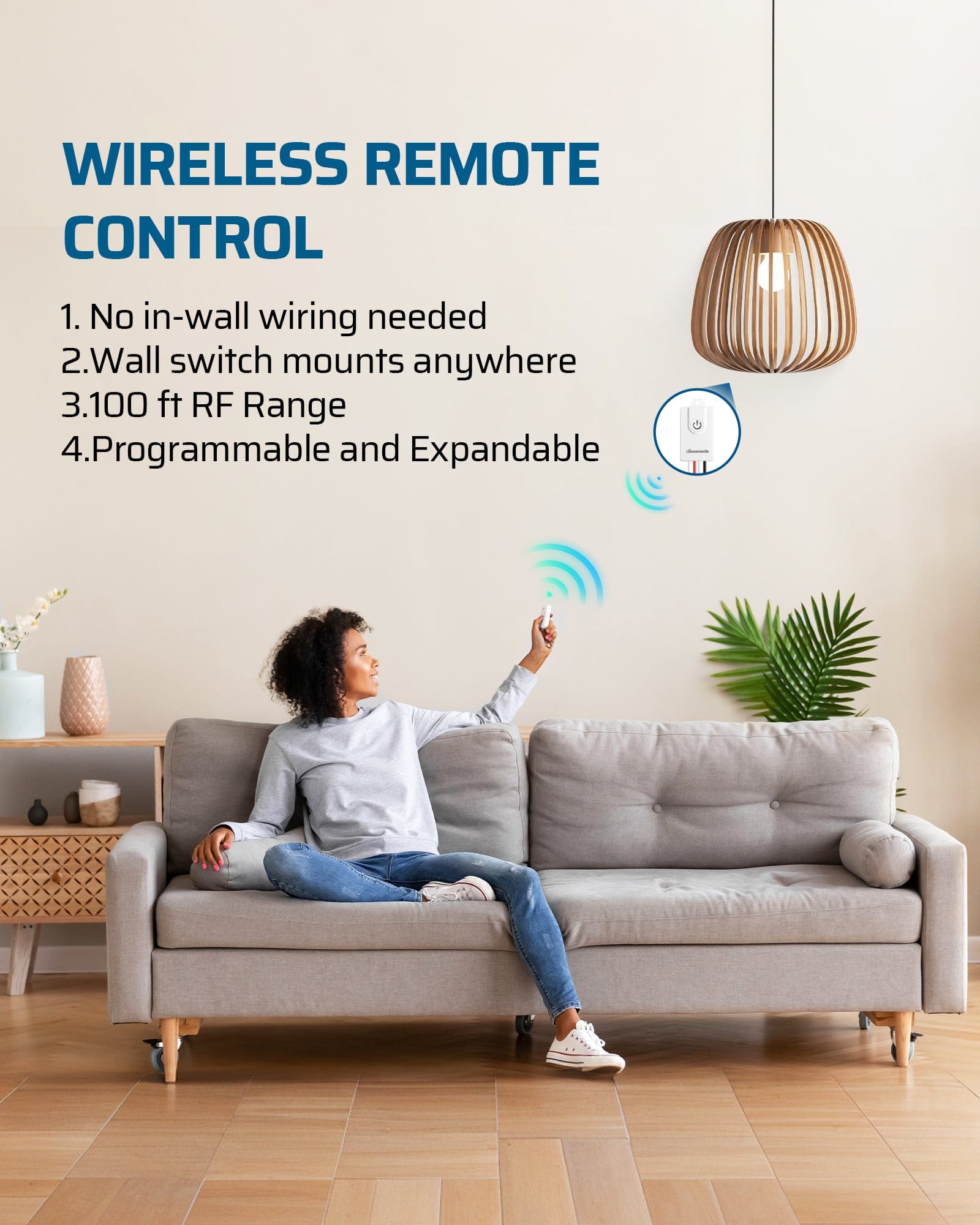 DEWENWILS Wireless Light Switch and Receiver Kit, No in-Wall Wiring Needed, 100FT Control Range, Wireless Switch, Programmable & Expandable, Light Switch for Ceiling Lights, Fans, Lamps-HWLS11J