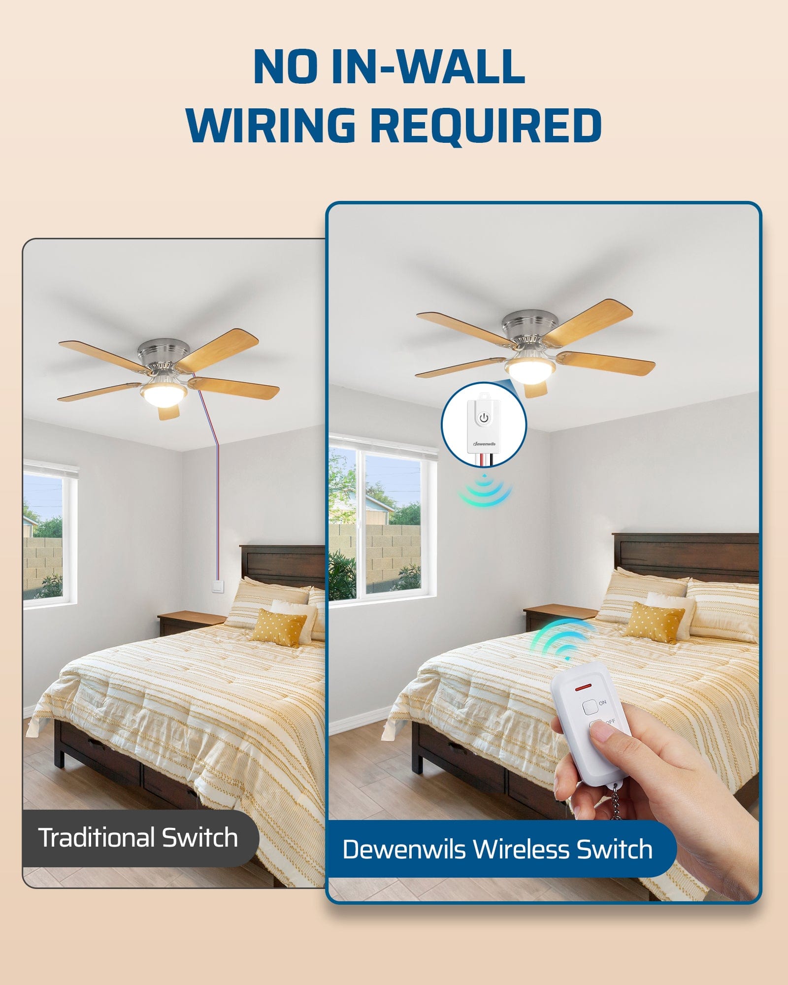 DEWENWILS Wireless Light Switch and Receiver Kit, No in-Wall Wiring Needed, 100FT Control Range, Wireless Switch, Programmable & Expandable, Light Switch for Ceiling Lights, Fans, Lamps-HWLS11J