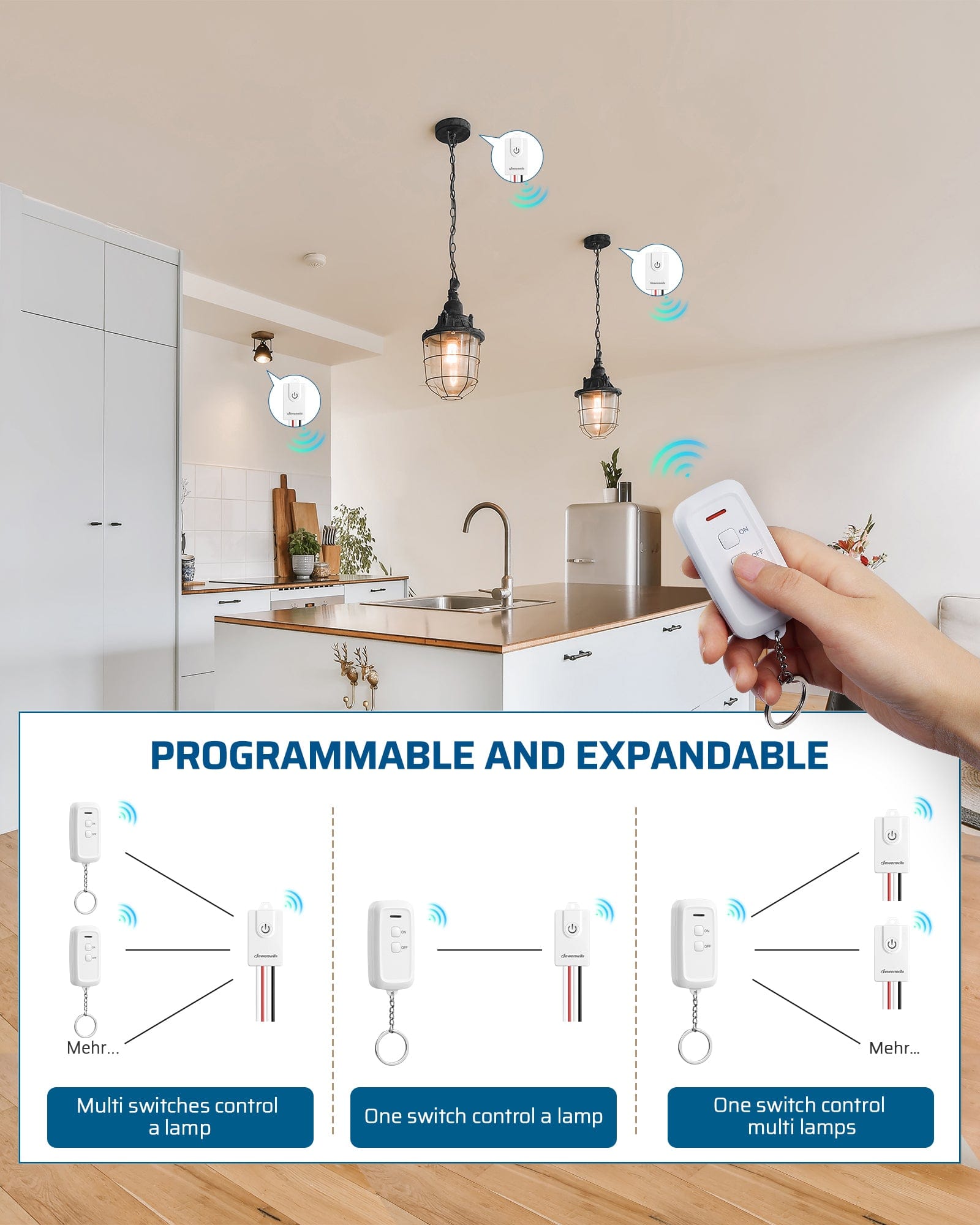 DEWENWILS Wireless Light Switch and Receiver Kit, No in-Wall Wiring Needed, 100FT Control Range, Wireless Switch, Programmable & Expandable, Light Switch for Ceiling Lights, Fans, Lamps-HWLS11J