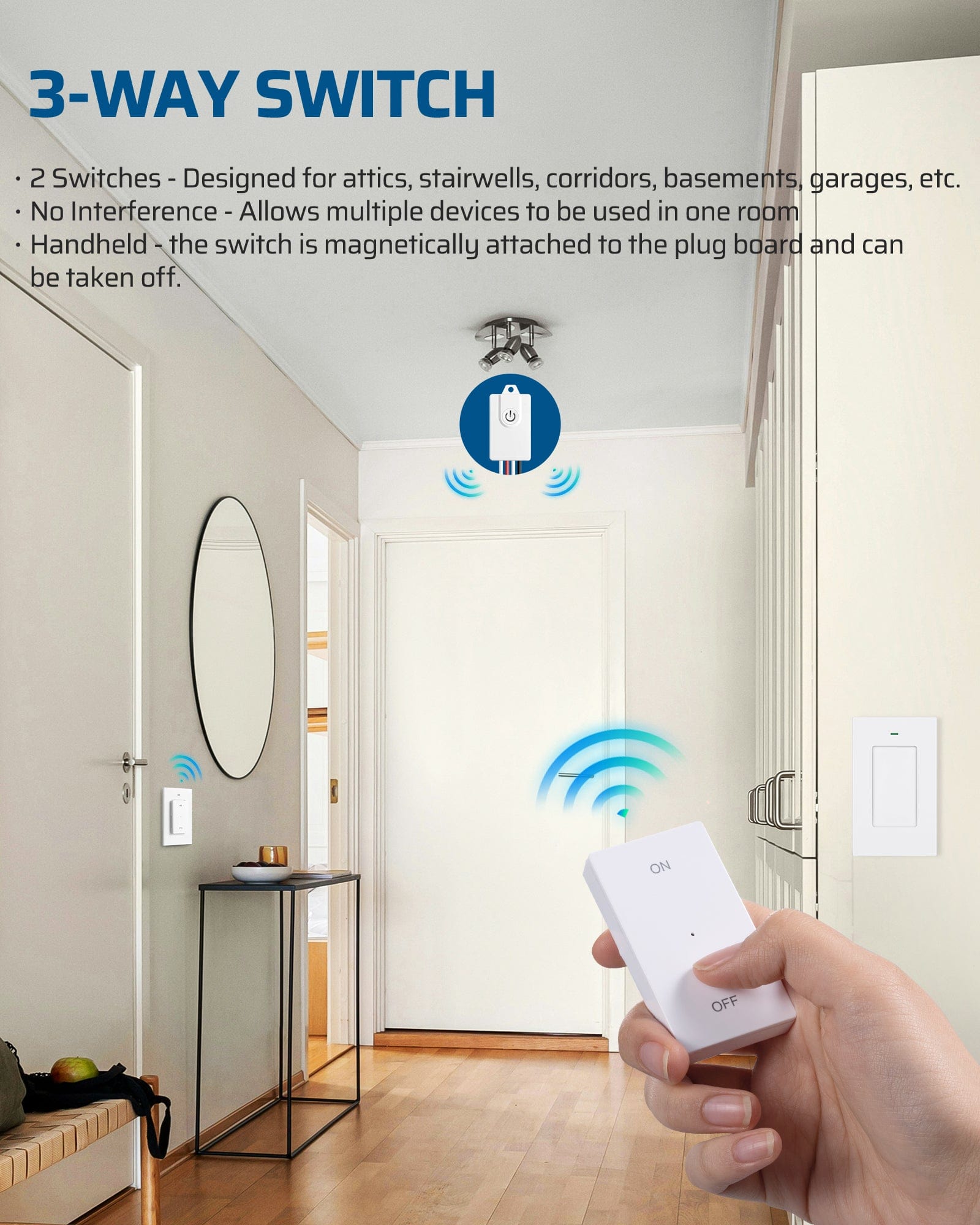 DEWENWILS 3 Way Wireless Light Switch and Receiver Kit, No in-Wall Wiring, 15A High Power, 100FT Range, Programmable & Expandable, Remote Control Light Switch for Lamp, Ceiling Light, Fan-HWLS21G