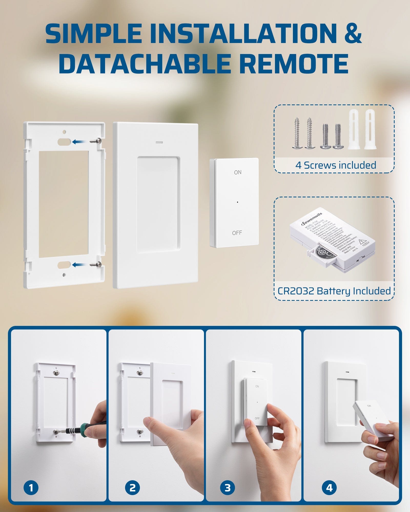 DEWENWILS 3 Way Wireless Light Switch and Receiver Kit, No in-Wall Wiring, 15A High Power, 100FT Range, Programmable & Expandable, Remote Control Light Switch for Lamp, Ceiling Light, Fan-HWLS21G