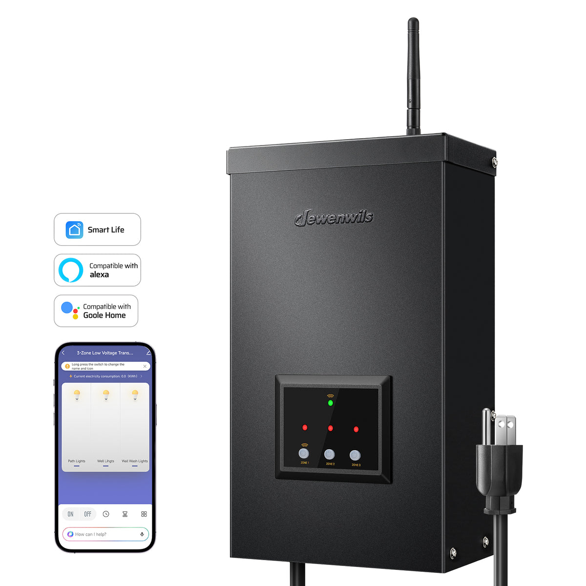DEWENWILS 300W Wi-Fi Low Voltage Transformer, 3 Independent Outputs, 120V AC to 12V/14V AC, Low Voltage Landscape Transformer with Schedule & Timer, Work with Alexa & Google Assistant-F1HWLT05A