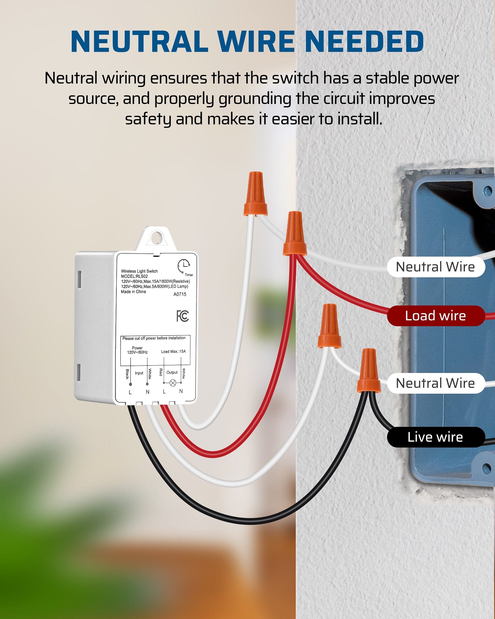 DEWENWILS Wireless Timer Light Switch, 1800W Timer Switch, 1-5-15-30mins, 1-2hours, Neutral Wire Needed, Light Switch Timer with Magnetic Switch for Bathroom Exhaust Fans, Indoor Automated Lighting-HWLT11G