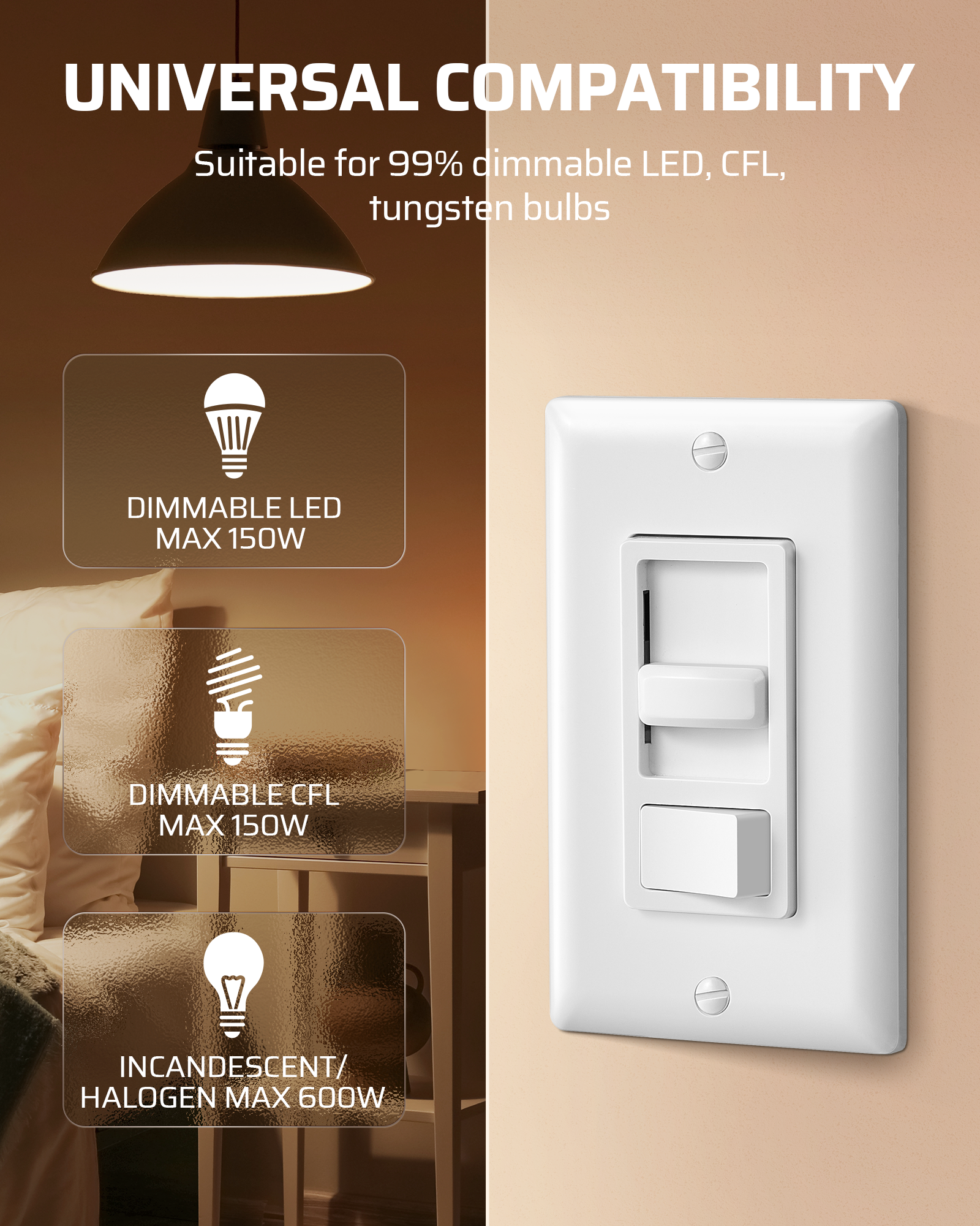 Dimmer Switch: Universal compatibility for 99% of dimmable LED/CFL (max 150W) and incandescent/halogen bulbs (max 600W)