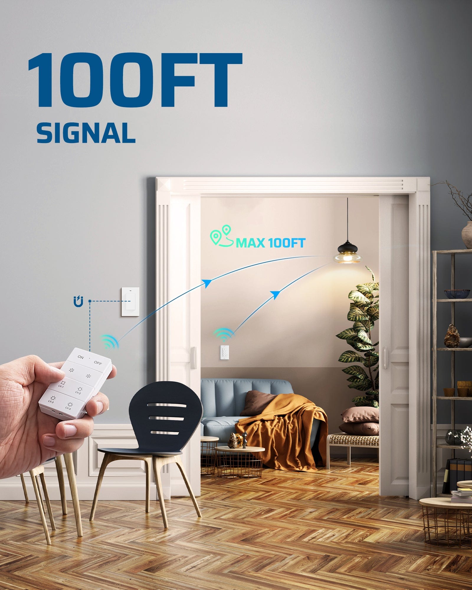 Dimmer switch features a strong RF signal with a 100FT remote control range that works through walls and doors
