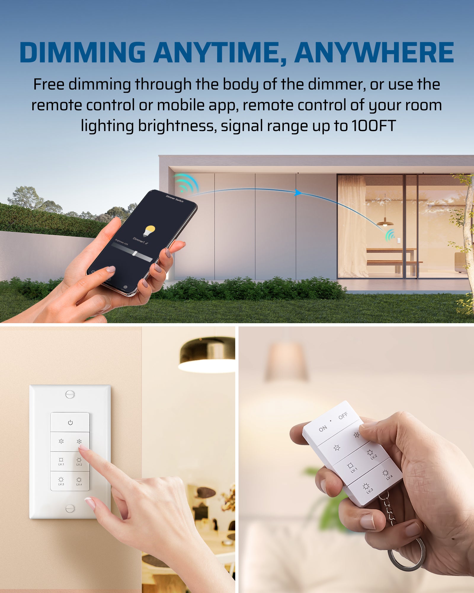 DEWENWILS Smart Dimmer Switch with Remote, Single-Pole, Needs Neutral Wire, 2.4GHz Wi-Fi Electrical Light Dimming Switch Works with Alexa & Google Home, Remote/WiFi Smart Control Dimmer-HWWD01B1