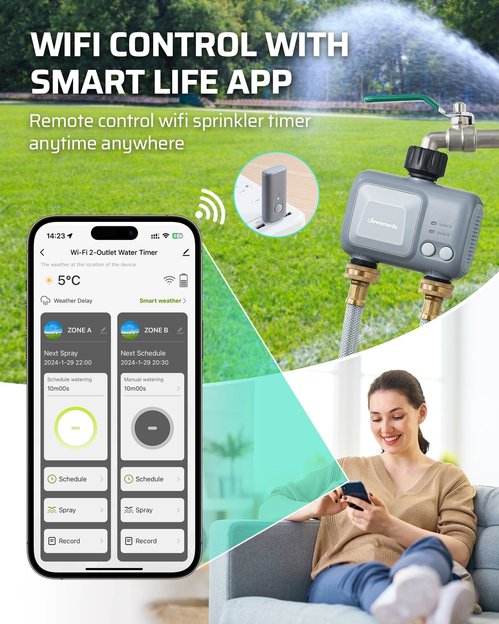 WiFi Sprinkler Timer 2 Zone, Automatic Irrigation System, APP Control, Rain Delay & Manual Watering-F1HWWT02A