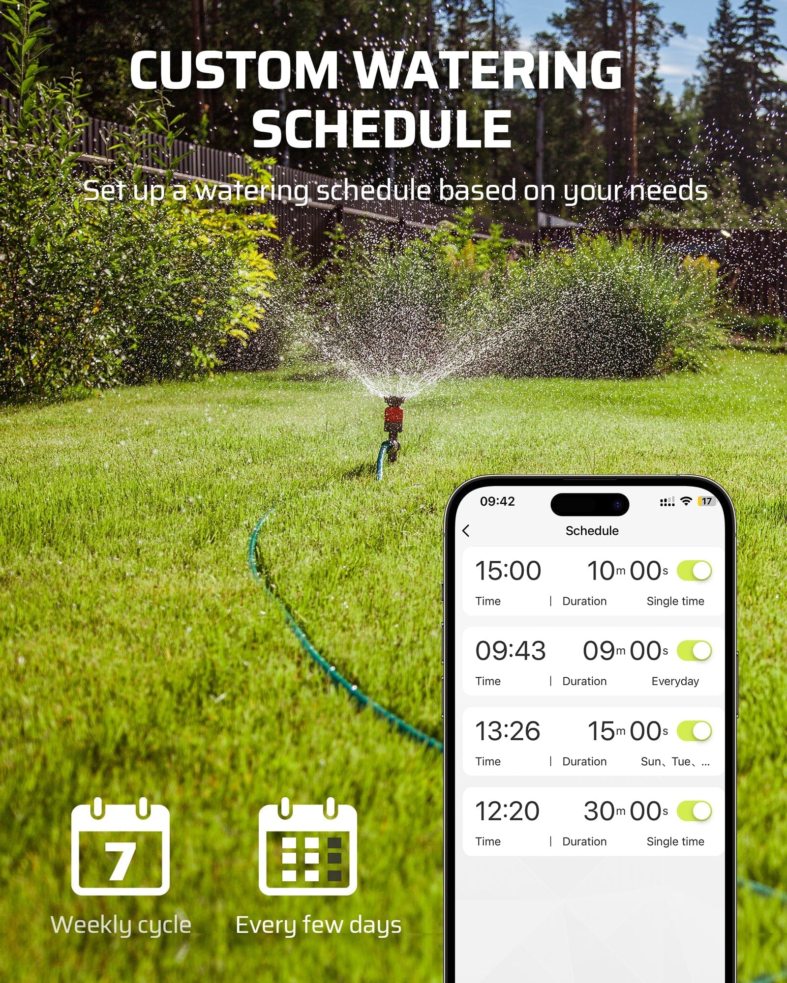 Sprinkler timer: Features customizable watering schedules tailored to specific needs via the app.