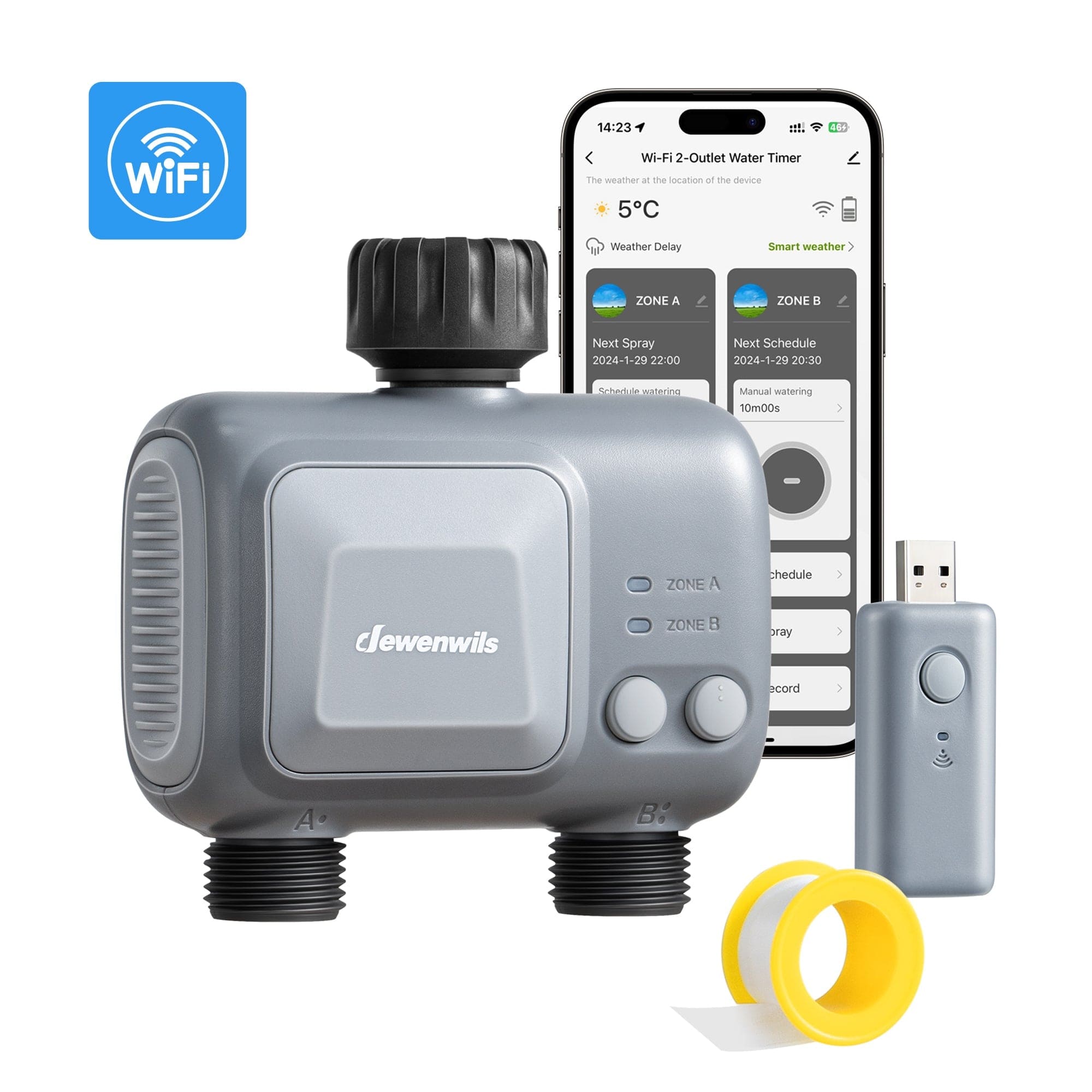 WiFi Sprinkler Timer 2 Zone, Automatic Irrigation System, APP Control, Rain Delay & Manual Watering-F1HWWT02A