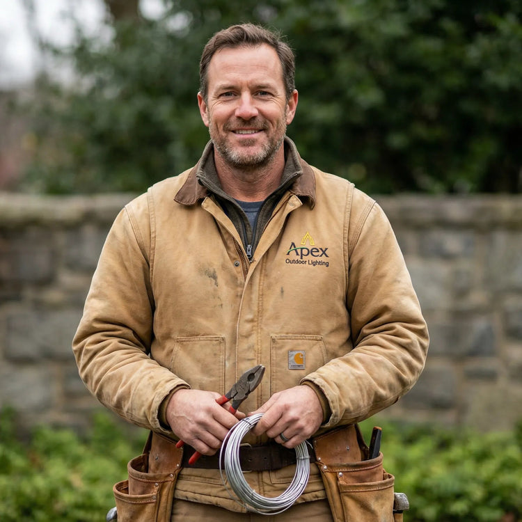 Man wearing an Apex jacket holding wire and pliers outdoors.