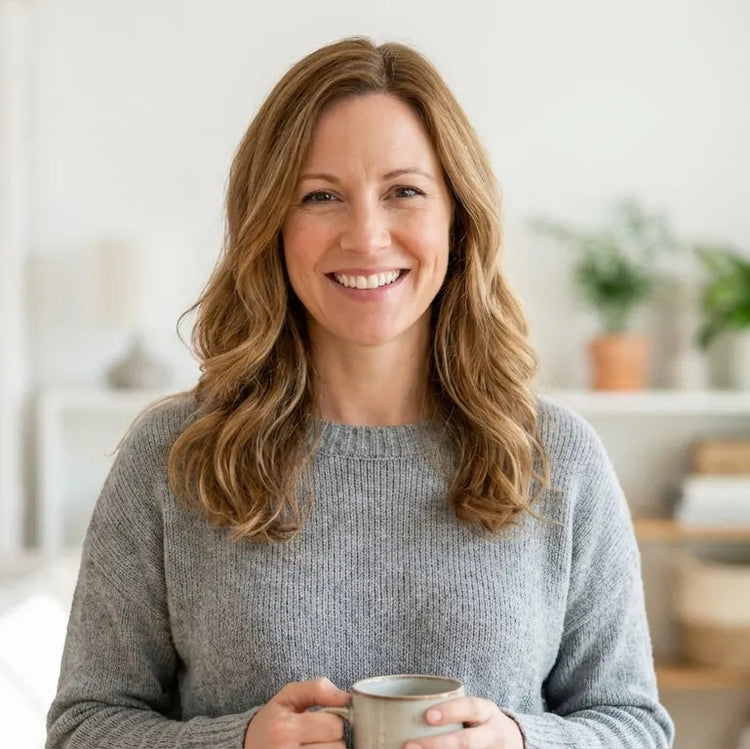 Woman holding a mug in a cozy living room